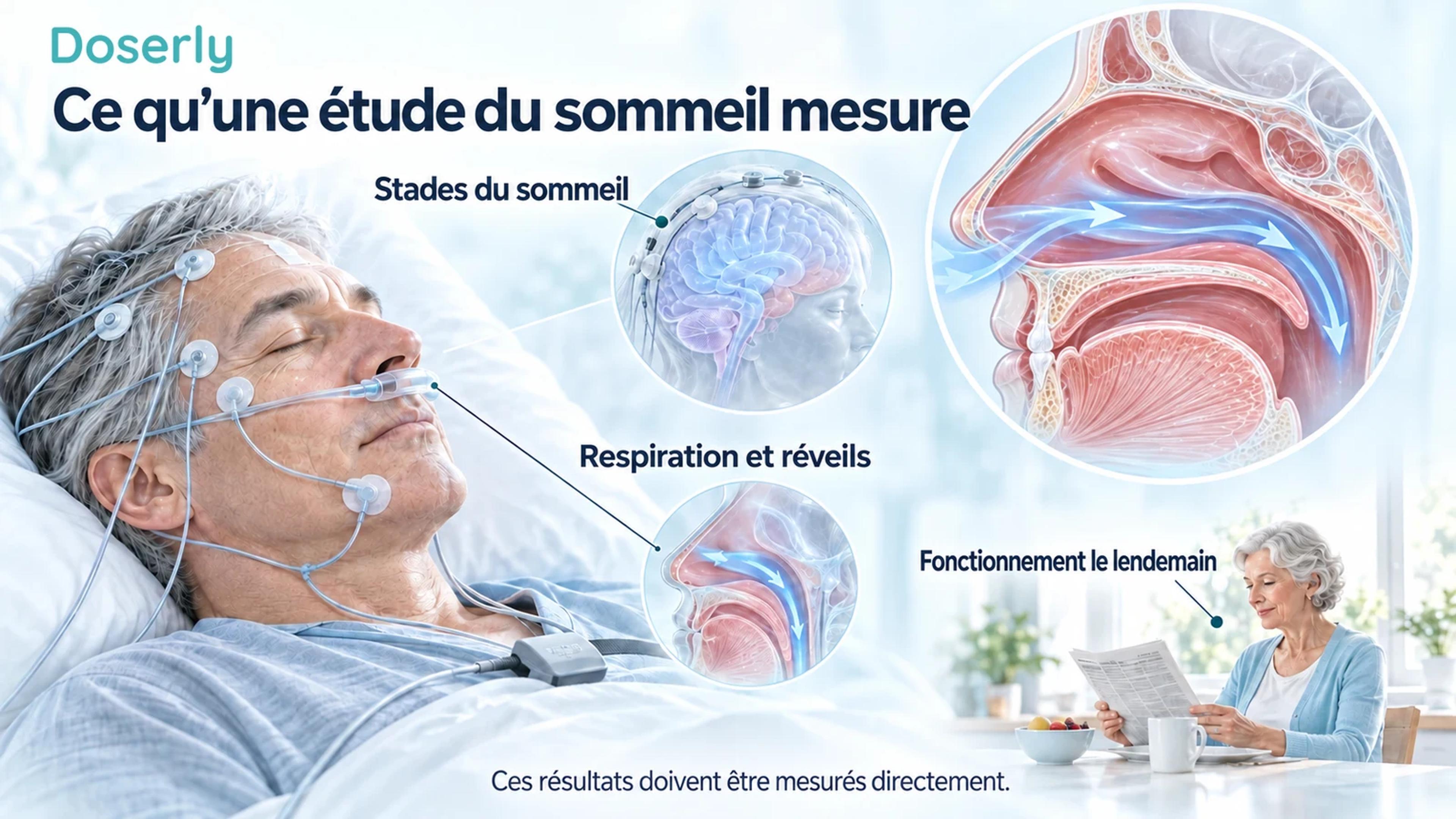 Des capteurs de laboratoire du sommeil, une coupe des voies respiratoires et un adulte qui lit le lendemain matin illustrent différents résultats liés au sommeil.