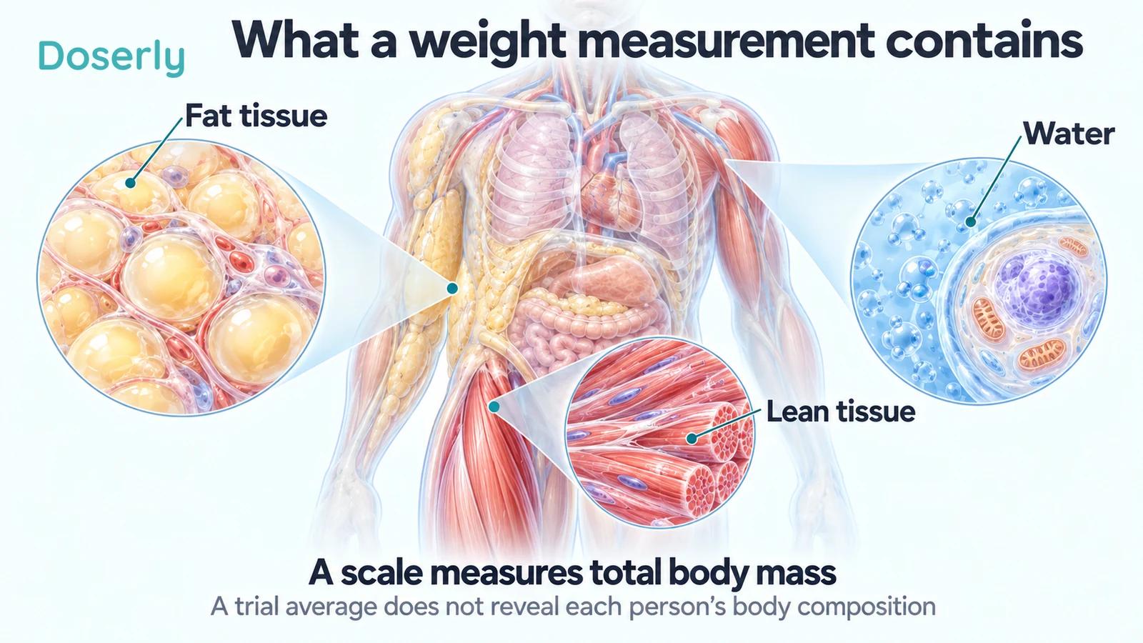 Translucent torso with magnified fat tissue, muscle fibers and water around a cell.