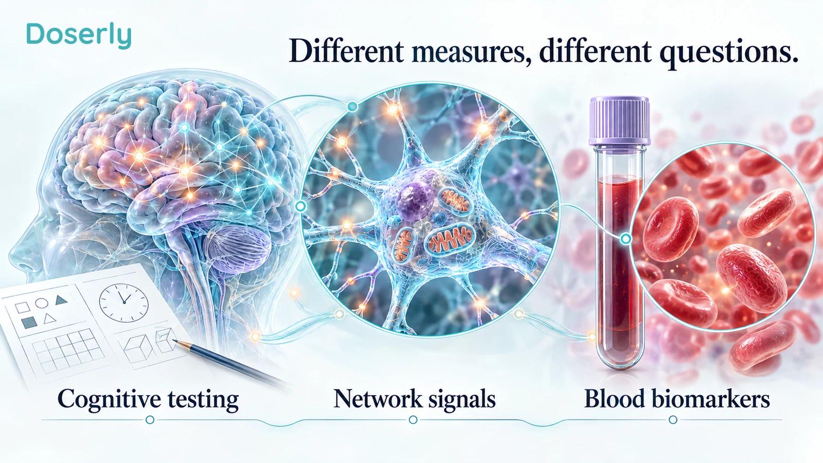 A translucent brain beside a magnified neuron and a blood sample, with separate labels for cognitive testing, network signals and blood biomarkers.