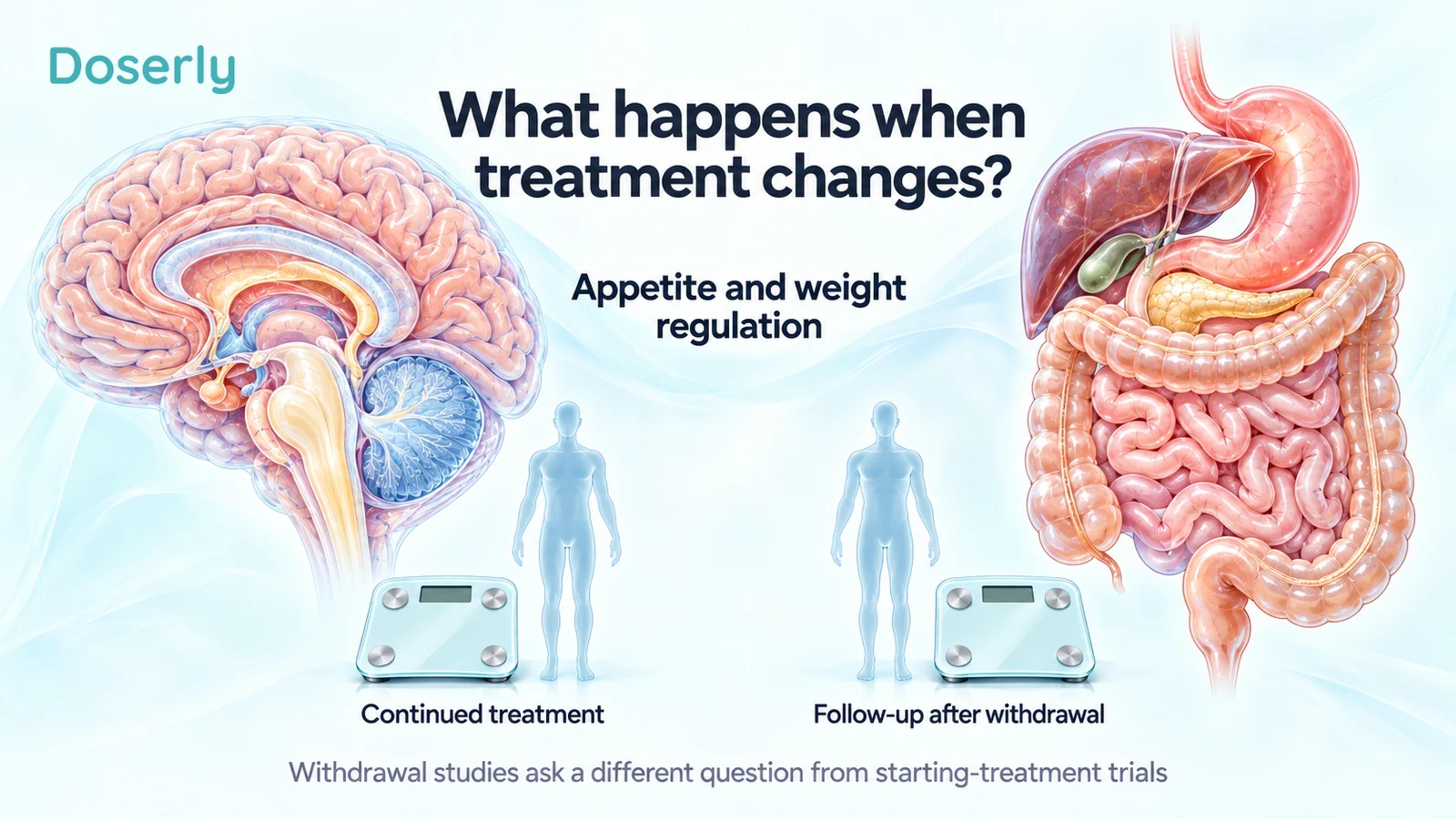 Brain and digestive-system anatomy accompany identical figures and blank scales representing continued treatment and follow-up after withdrawal.