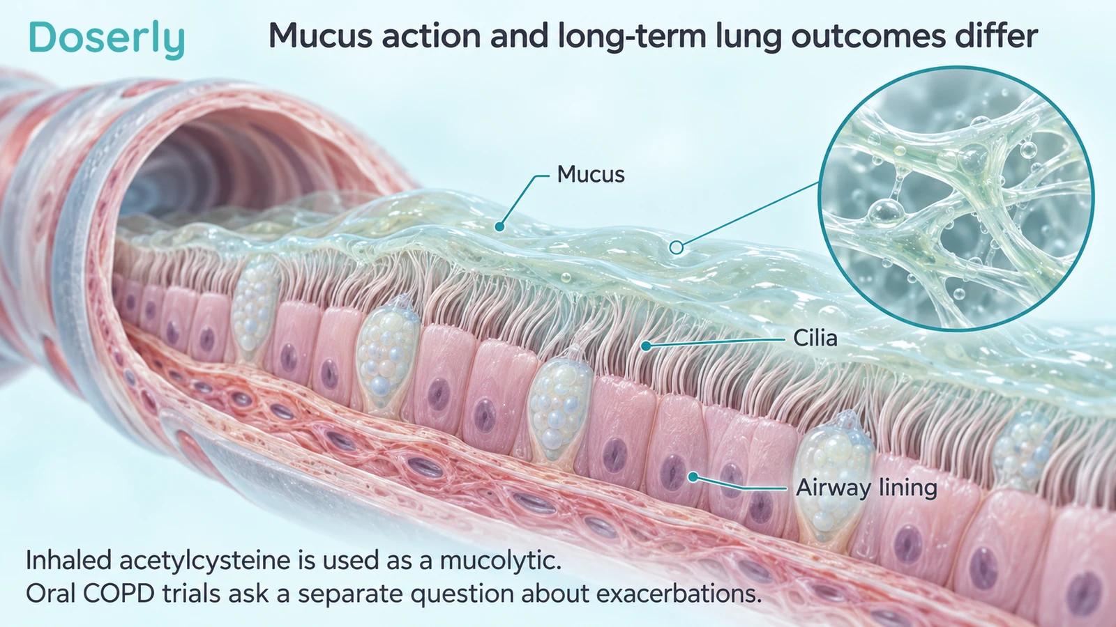 A bronchial airway cutaway shows mucus, cilia and the airway lining to explain the distinction between mucolytic action and long-term lung outcomes.