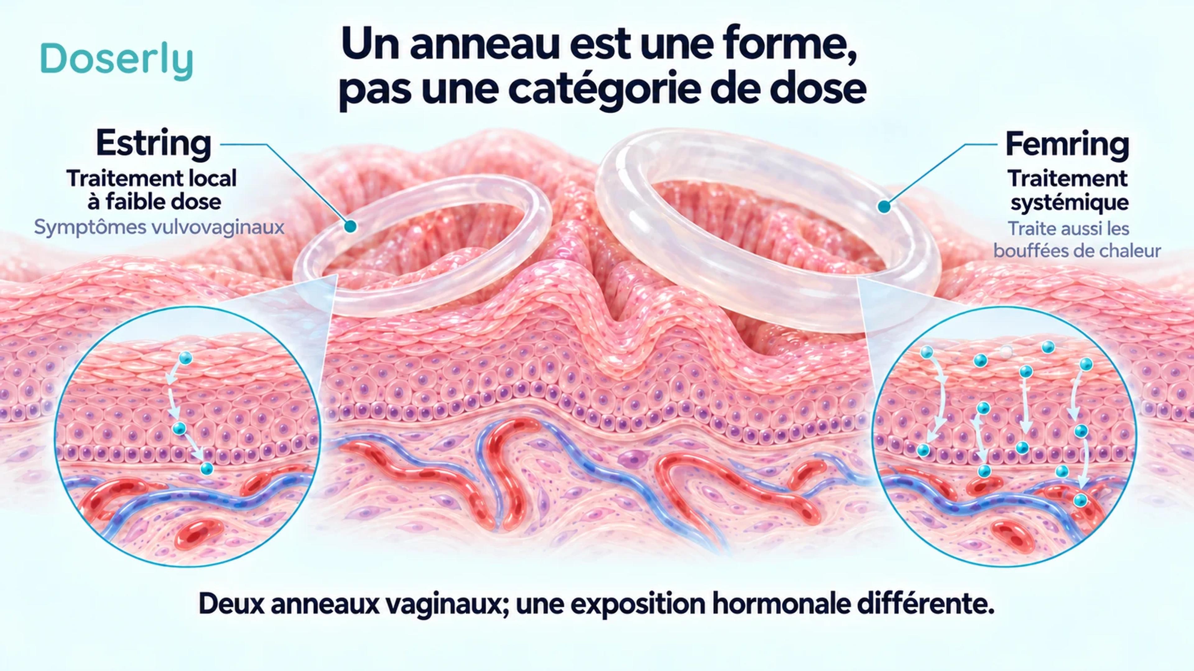 Anneaux médicamenteux Estring et Femring illustrés avec des encadrés de tissus montrant leurs rôles thérapeutiques locaux et systémiques différents.