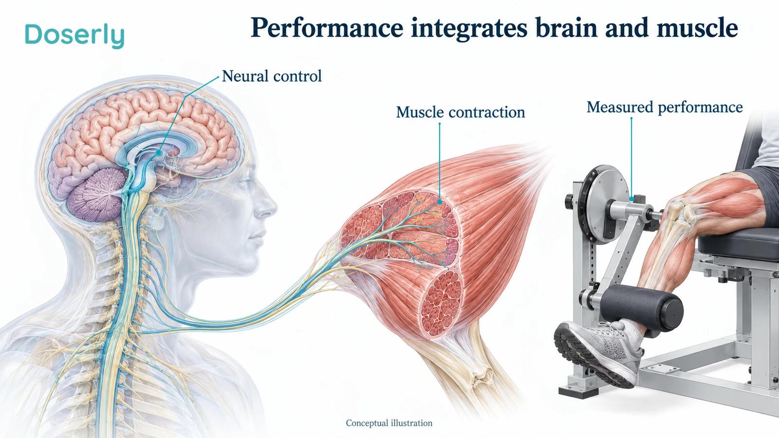 Conceptual motor pathway from a brain silhouette through a peripheral nerve to muscle fibers, beside a separate force measurement apparatus.