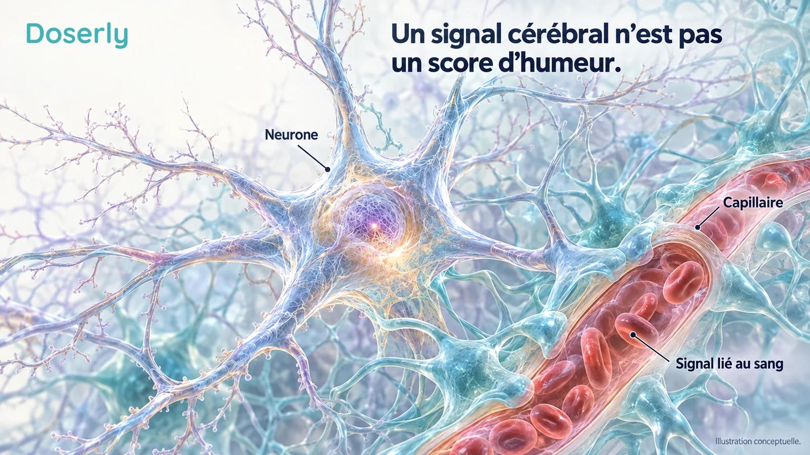 Un neurone détaillé et un capillaire voisin distinguent un signal d’imagerie lié au sang d’un résultat clinique sur l’humeur.