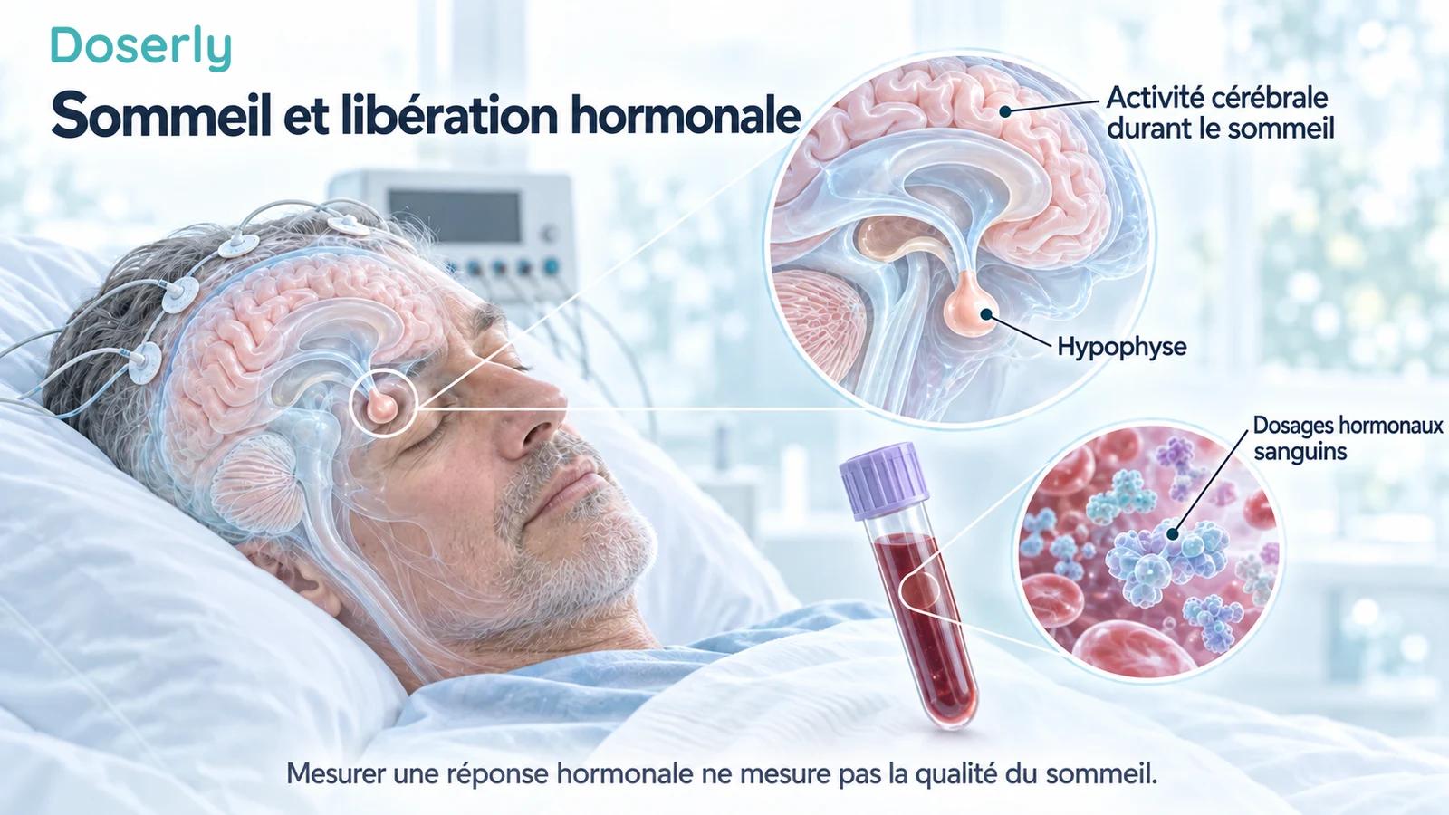 Adulte endormi avec un encadré montrant le cerveau et l’hypophyse, à côté d’un échantillon sanguin distinct destiné au dosage hormonal.