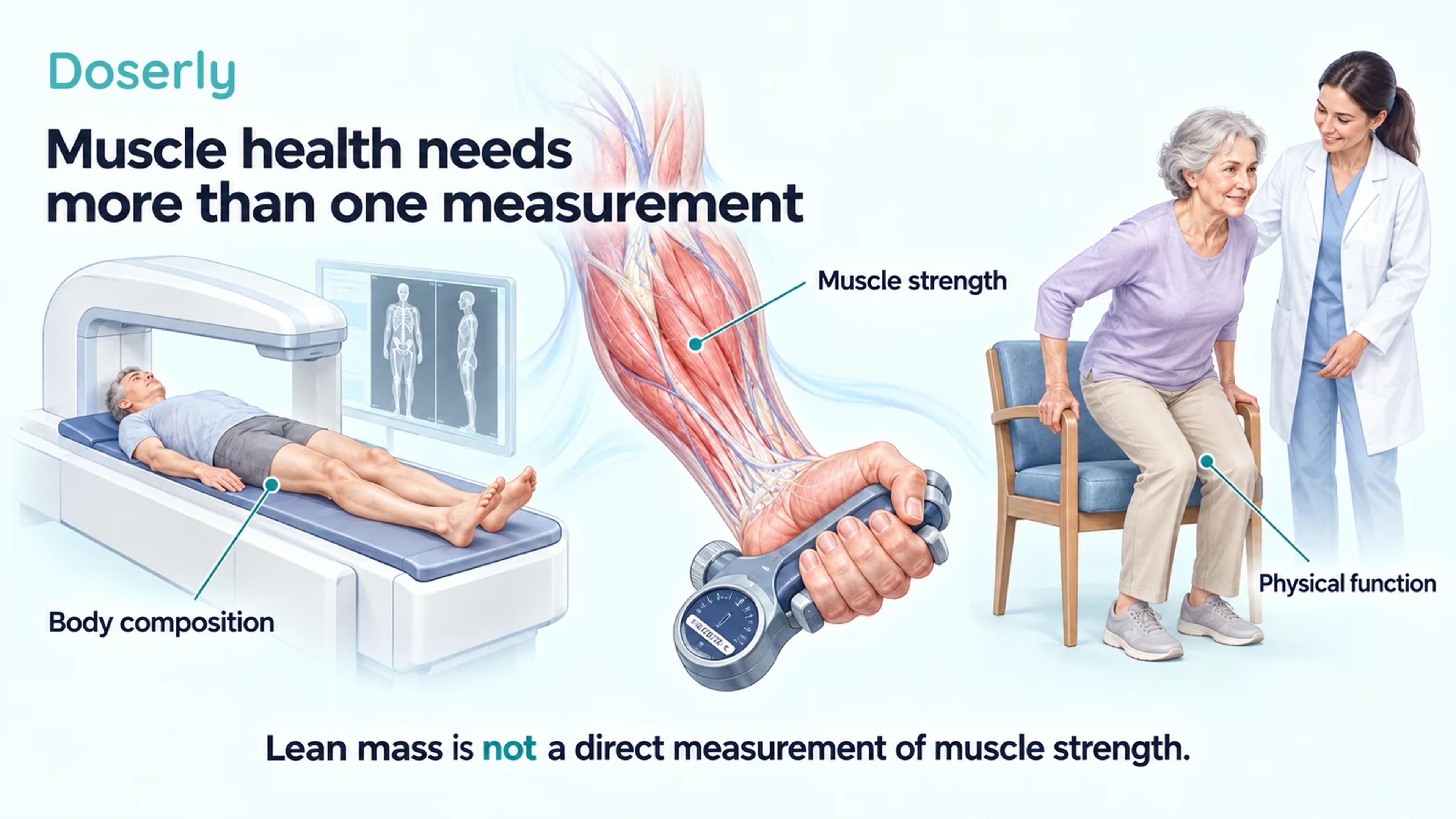 DXA assessment, detailed forearm gripping a dynamometer and an older adult rising from a chair illustrate composition, strength and function.