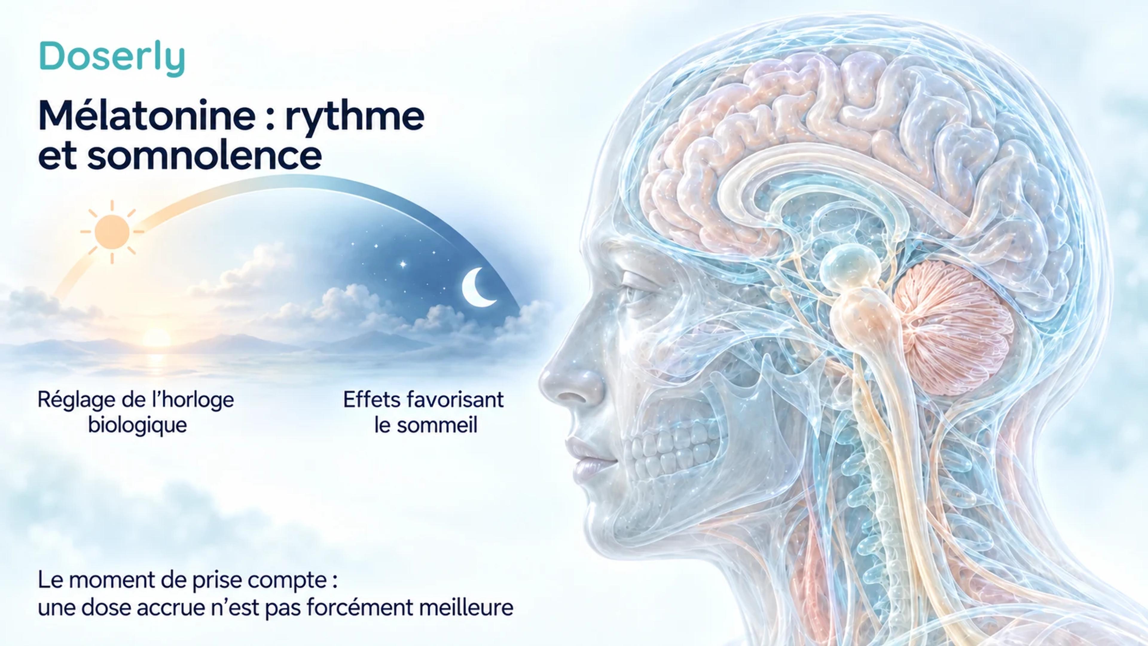 Une tête translucide à côté d’un arc conceptuel jour-nuit distingue le rôle de la mélatonine dans le réglage de l’horloge biologique de ses effets favorisant le sommeil.