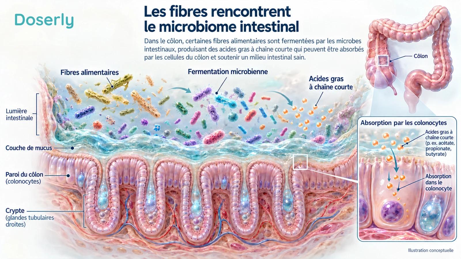 Coupe conceptuelle du côlon montrant des fibres alimentaires, des microbes au-dessus d’une couche de mucus, des acides gras à chaîne courte et leur absorption par les cellules de la paroi du côlon.