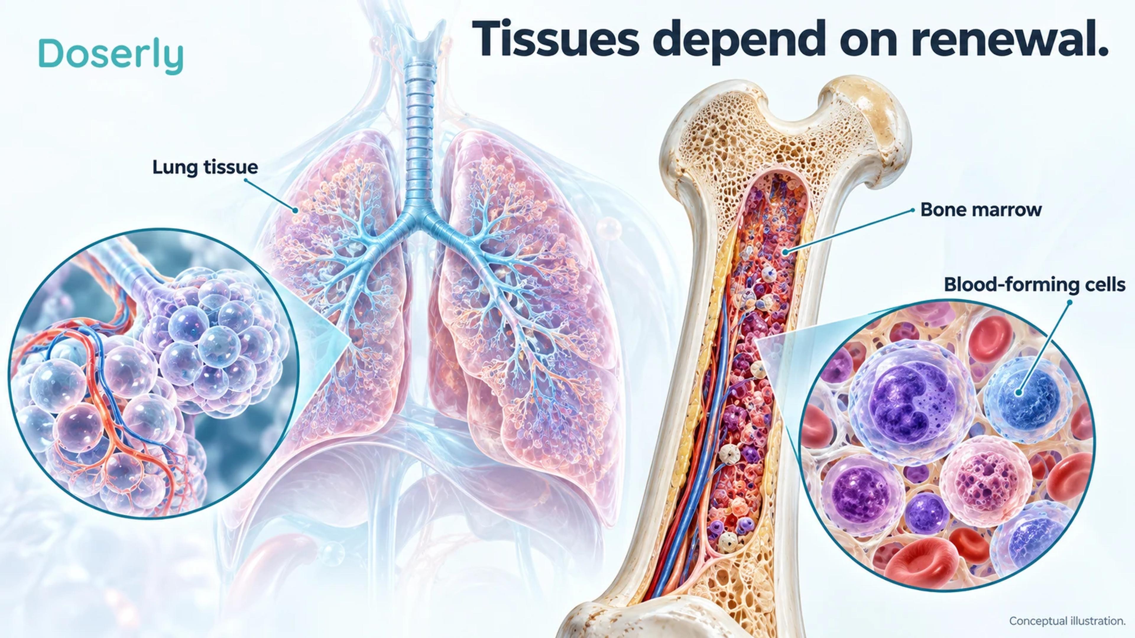 Lung tissue and bone marrow illustrate organs that can be affected by telomere biology disorders.