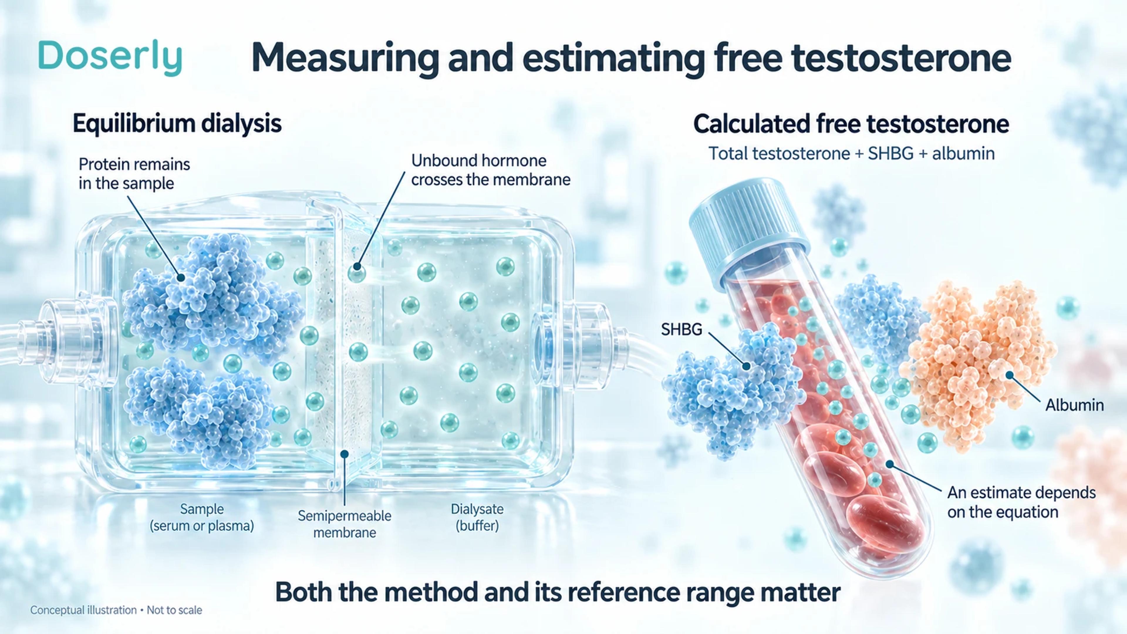 Dialysis membrane retains proteins while free hormone crosses, beside a blood sample representing calculation from measured inputs.