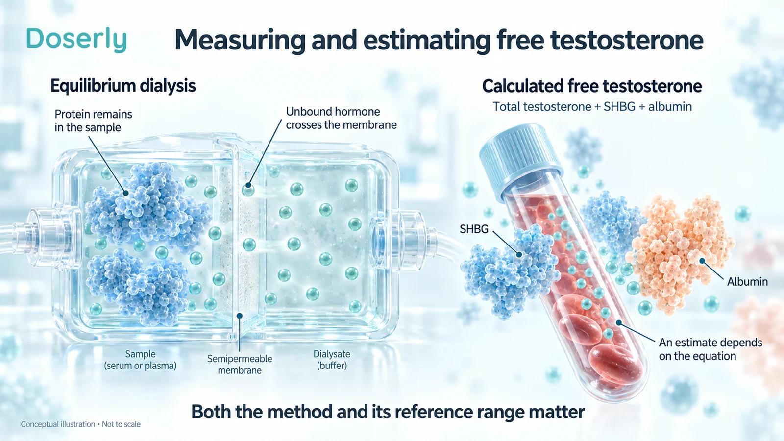 Dialysis membrane retains proteins while free hormone crosses, beside a blood sample representing calculation from measured inputs.