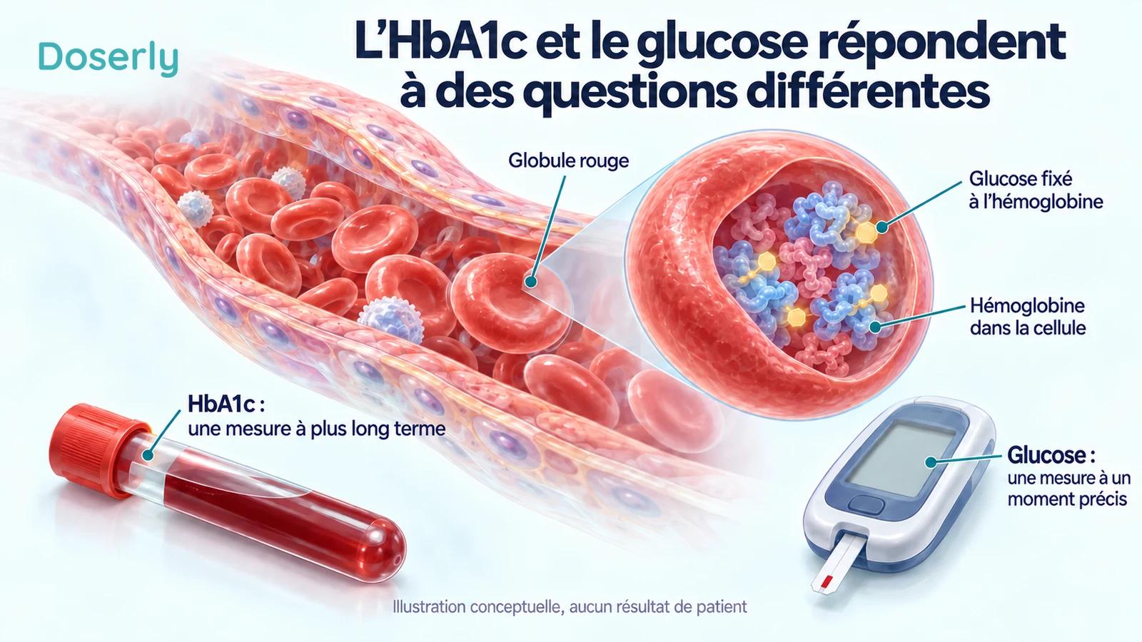 Vue en coupe d’un vaisseau sanguin et d’un globule rouge montrant l’hémoglobine dans la cellule, à côté d’un tube de prélèvement et d’un glucomètre.
