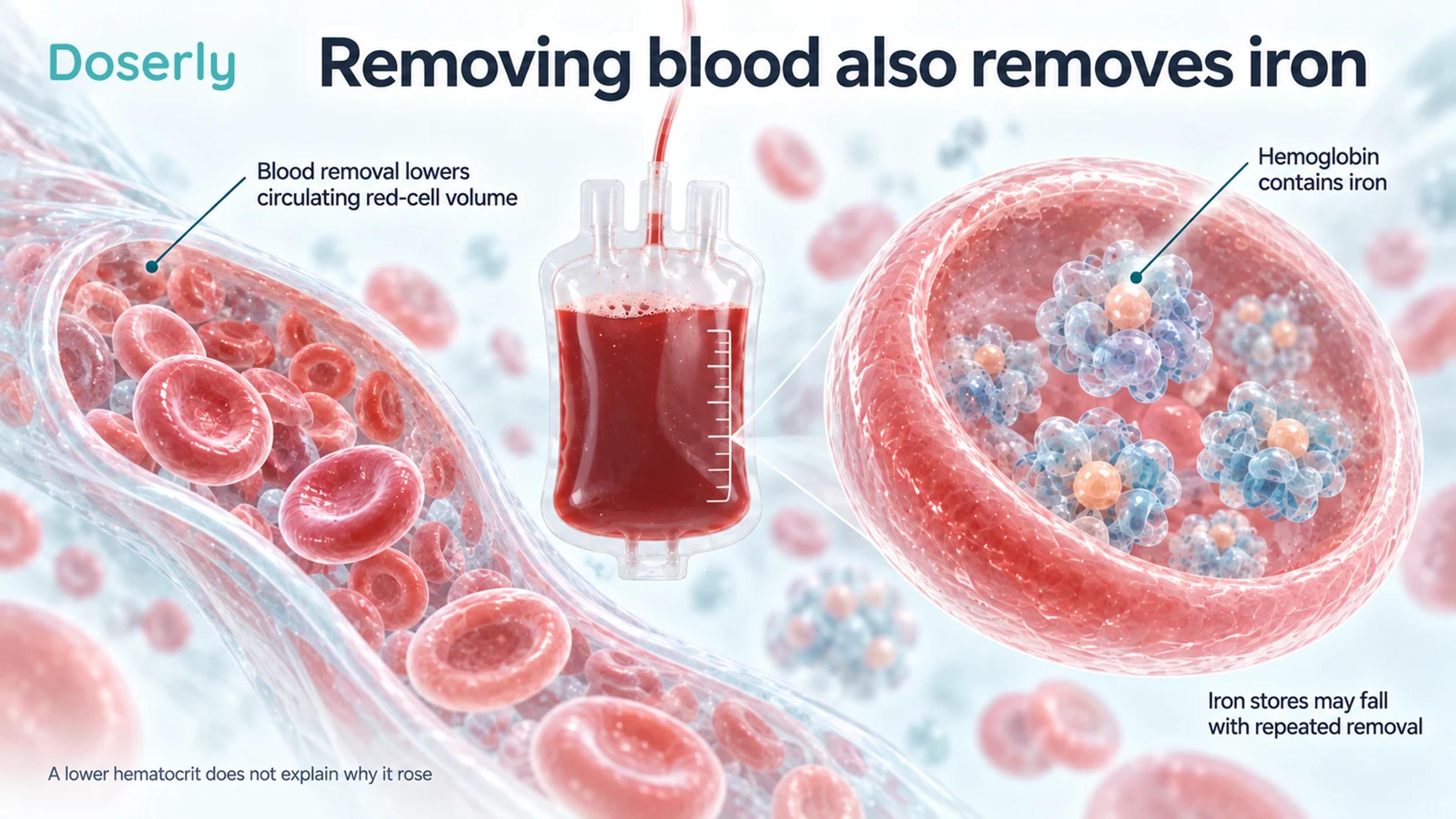 Blood collection bag beside red blood cells and enlarged conceptual hemoglobin illustrates iron removed with blood.