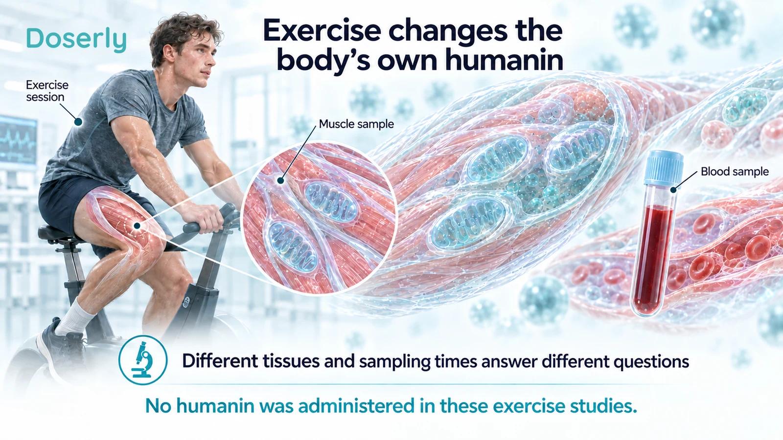 A cyclist, enlarged muscle fibers and a blood sample illustrate measurement of the body’s own humanin around exercise.