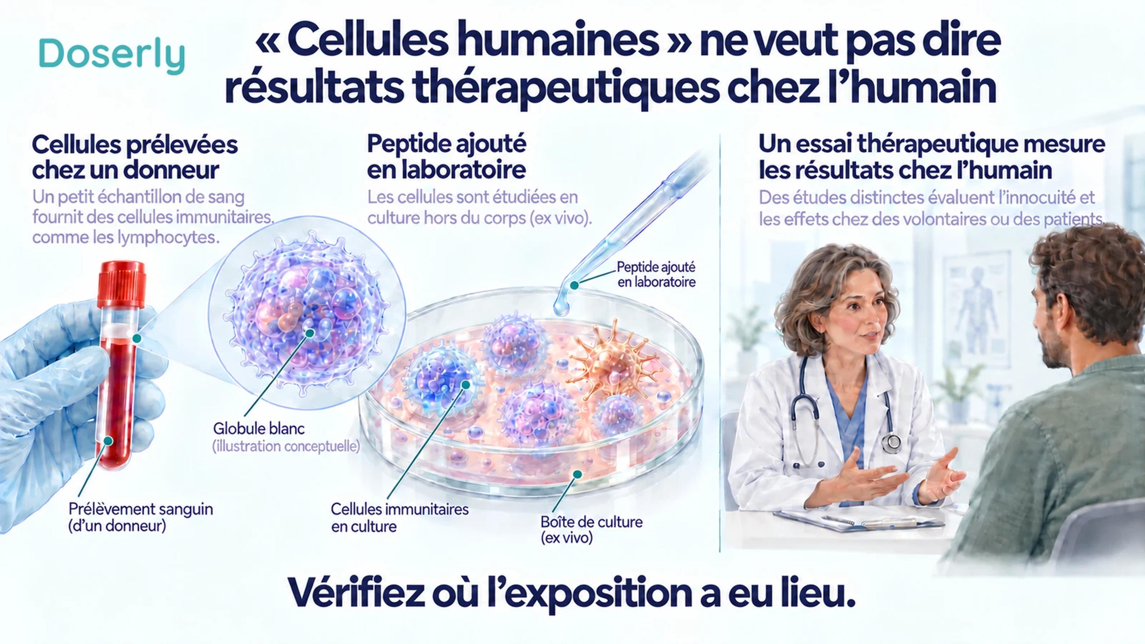 Un échantillon de sang et des cellules immunitaires en culture, présentés séparément d’une discussion sur un traitement clinique.