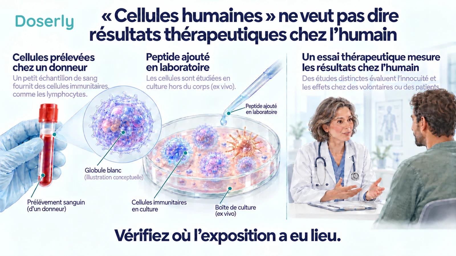 Un échantillon de sang et des cellules immunitaires en culture, présentés séparément d’une discussion sur un traitement clinique.