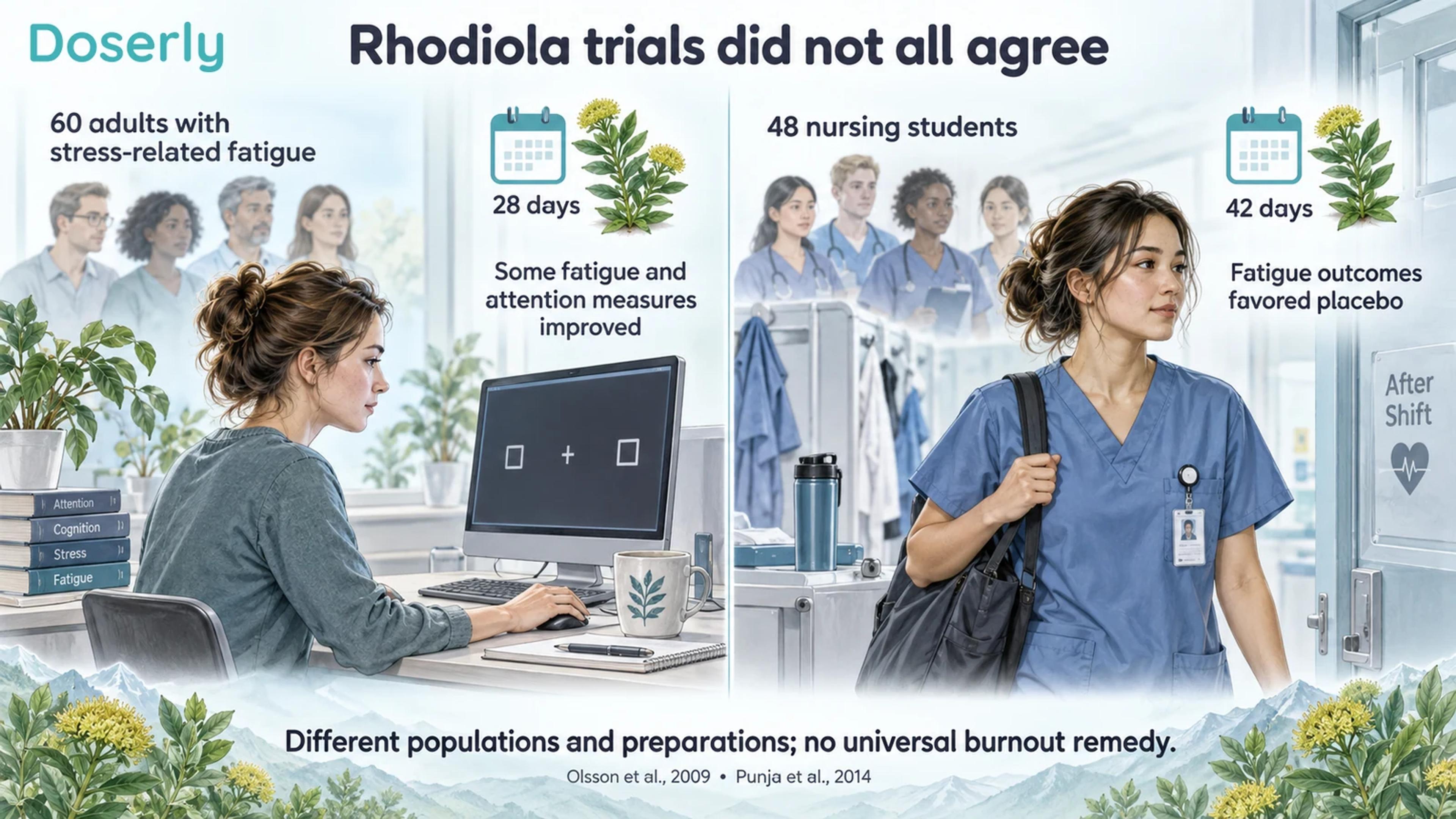 Two illustrated research settings compare a stress-related fatigue study with a nursing-student trial that favored placebo.