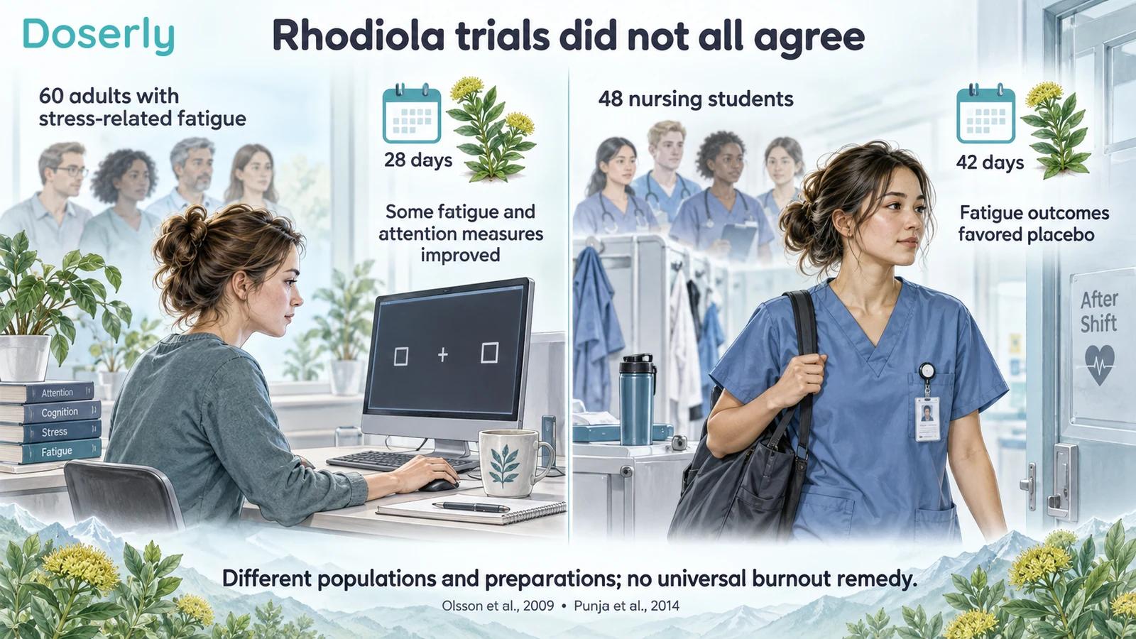 Two illustrated research settings compare a stress-related fatigue study with a nursing-student trial that favored placebo.