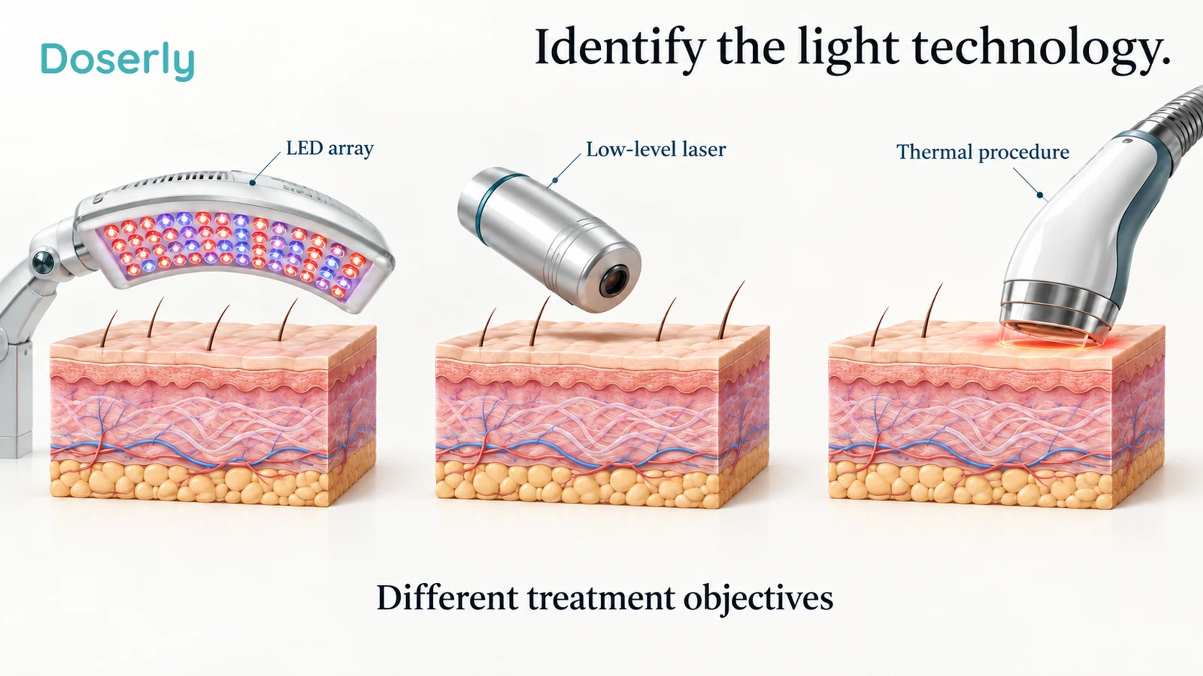 A low-level laser probe, LED array and separate thermal-treatment concept are shown as different optical approaches beside skin anatomy.
