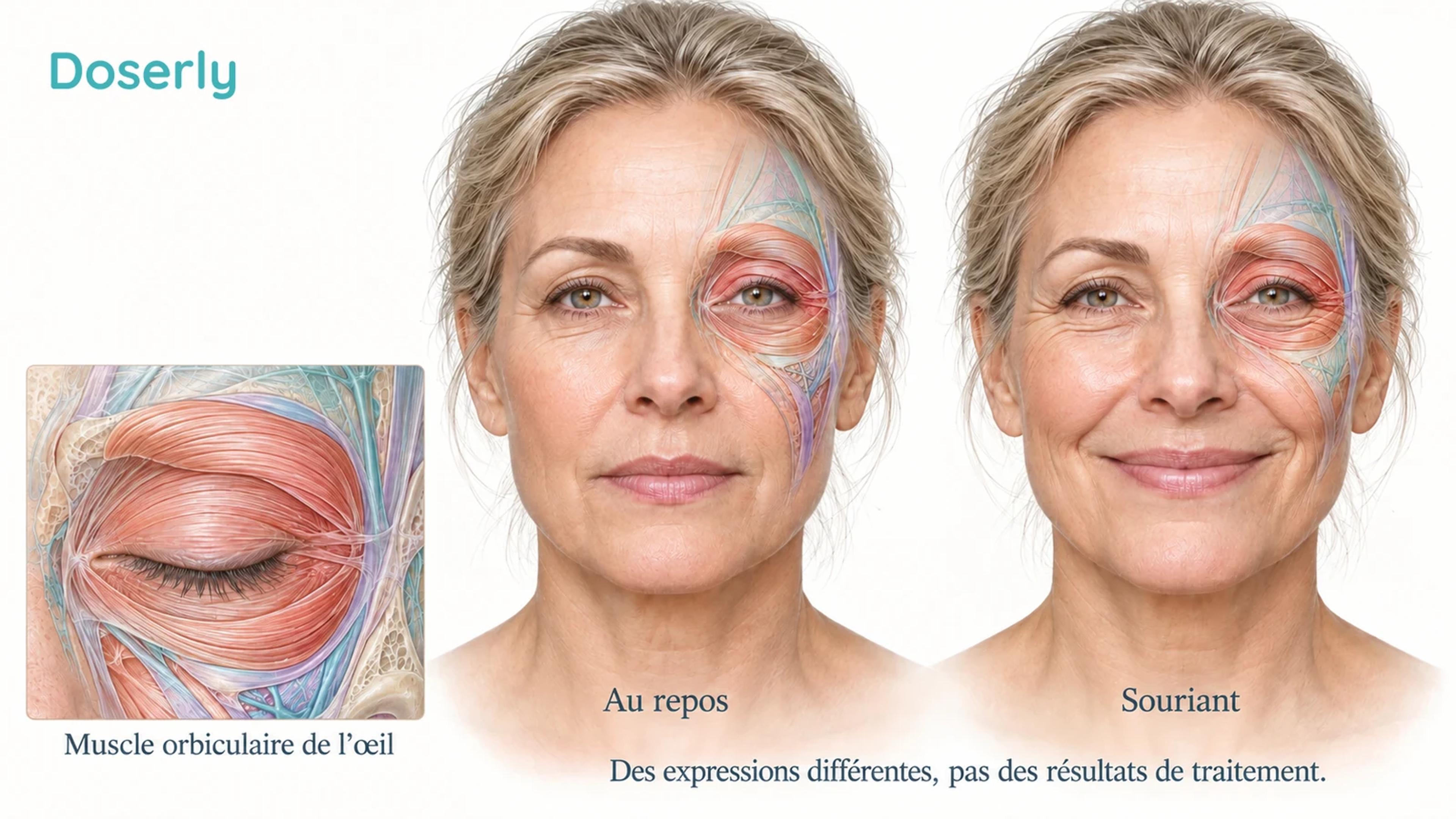 Un visage adulte est montré au repos et souriant, comme deux conditions d’évaluation distinctes, sans séquence de traitement ni d’amélioration.