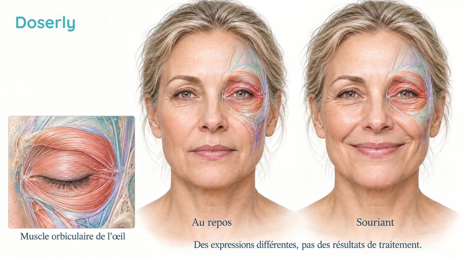 Un visage adulte est montré au repos et souriant, comme deux conditions d’évaluation distinctes, sans séquence de traitement ni d’amélioration.