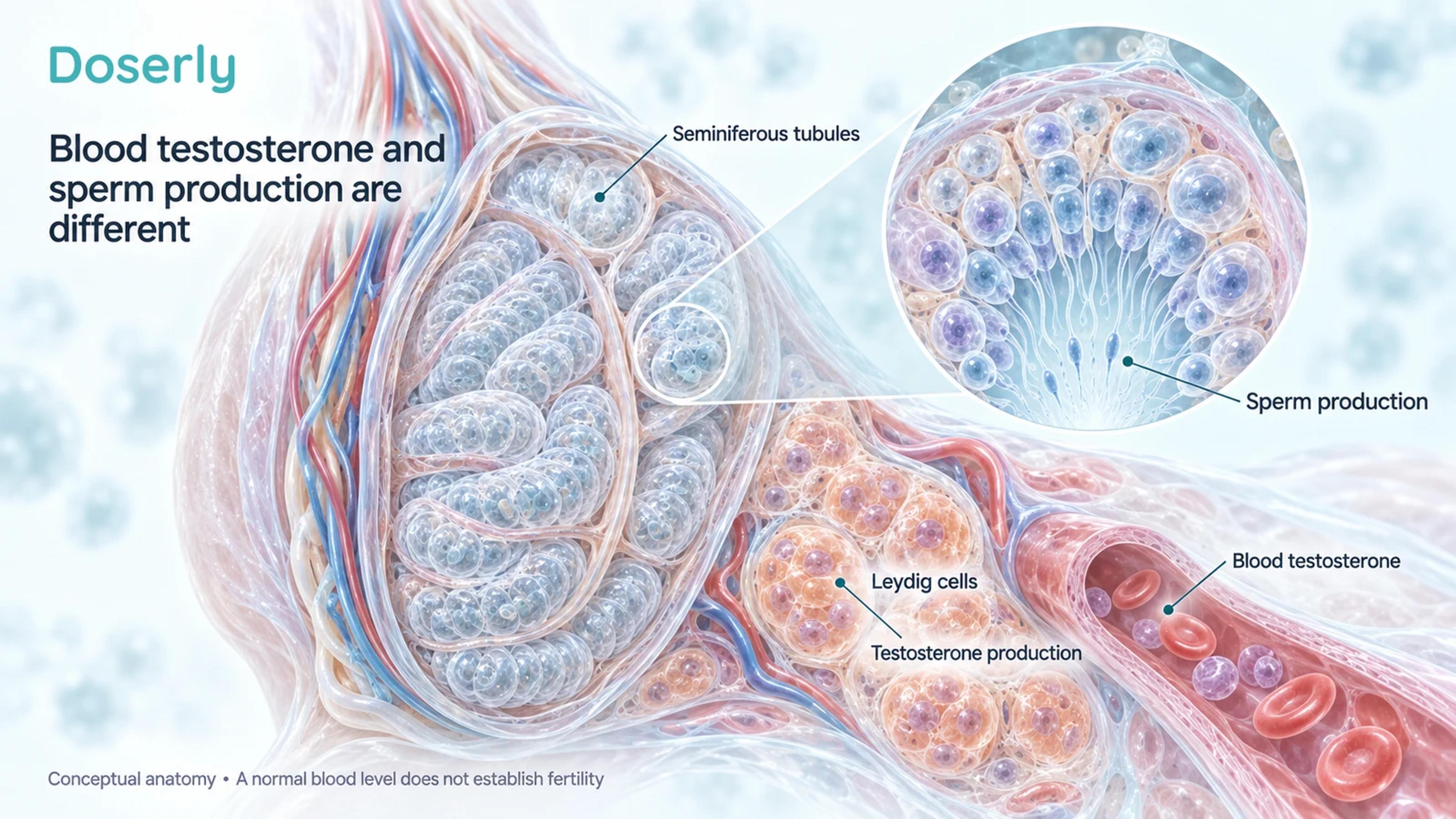 Clinical testis cutaway shows sperm developing within seminiferous tubules and testosterone-producing Leydig cells in the surrounding tissue beside a blood vessel.