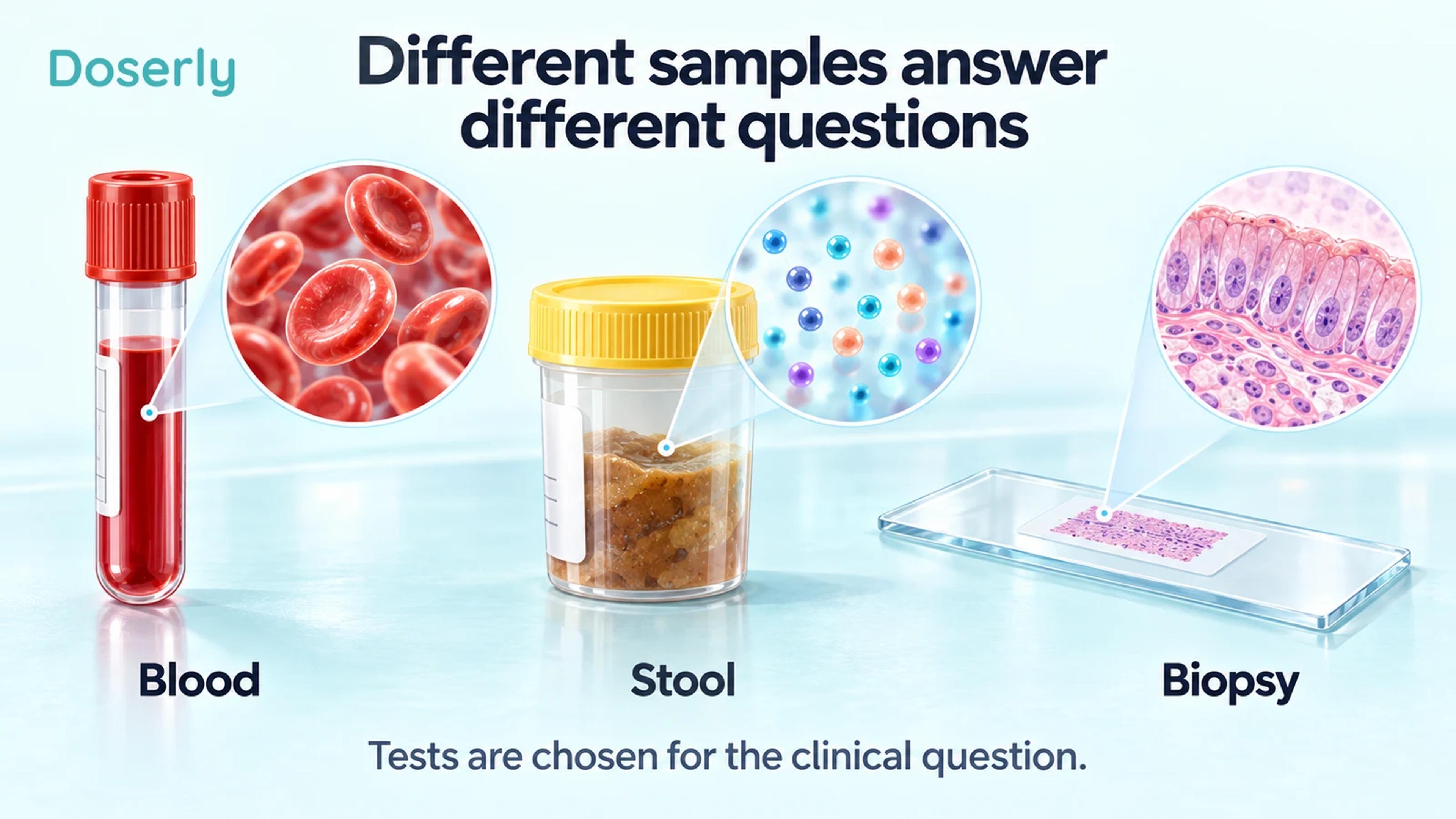 Blood tube, stool specimen container and biopsy slide with illustrative microscopic insets.