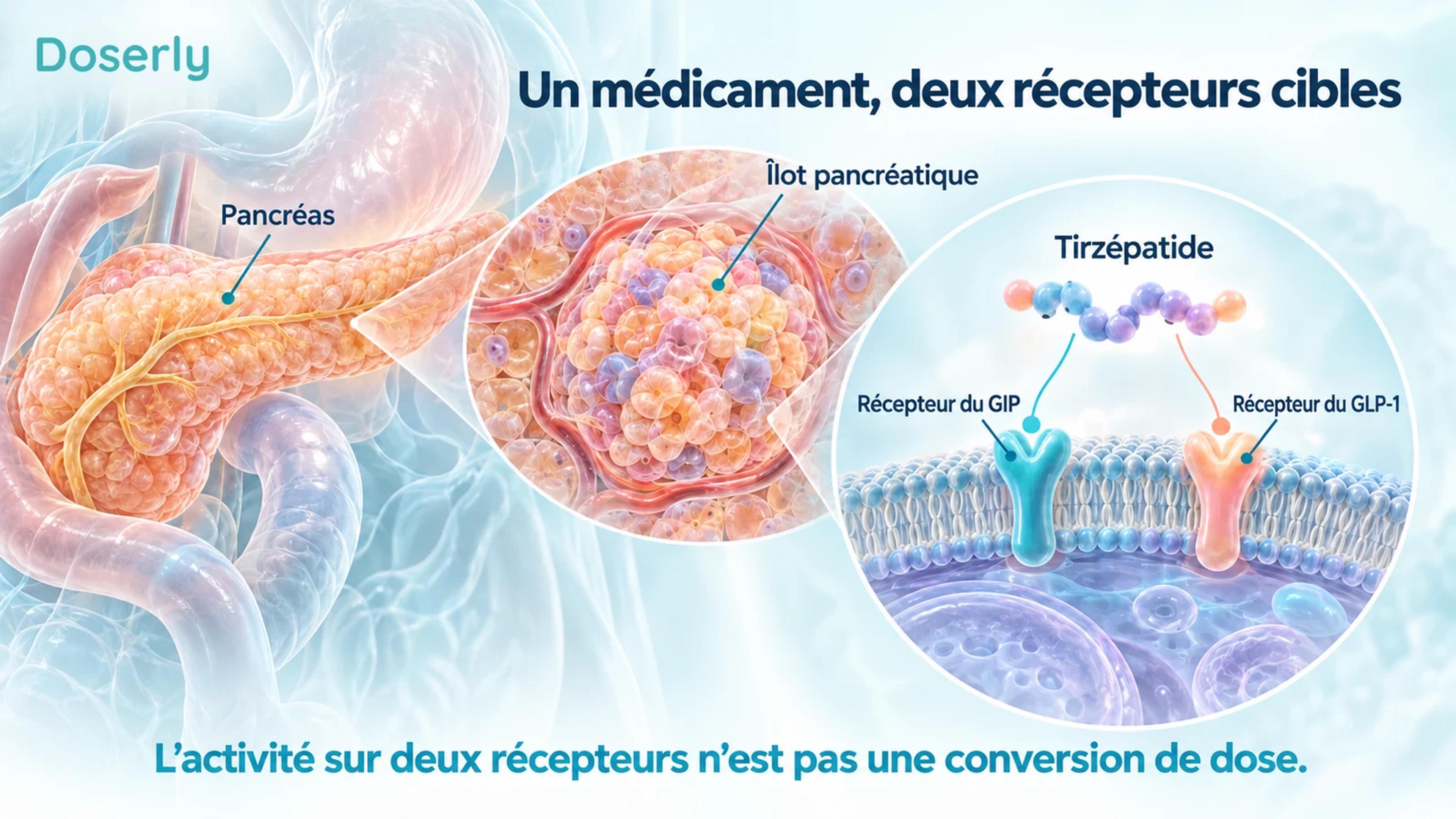 Pancréas et îlot détaillés avec représentation conceptuelle des récepteurs du GIP et du GLP-1 activés par le tirzépatide.