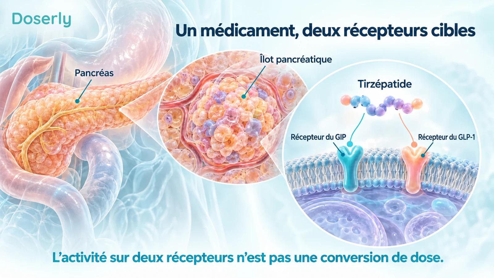 Pancréas et îlot détaillés avec représentation conceptuelle des récepteurs du GIP et du GLP-1 activés par le tirzépatide.