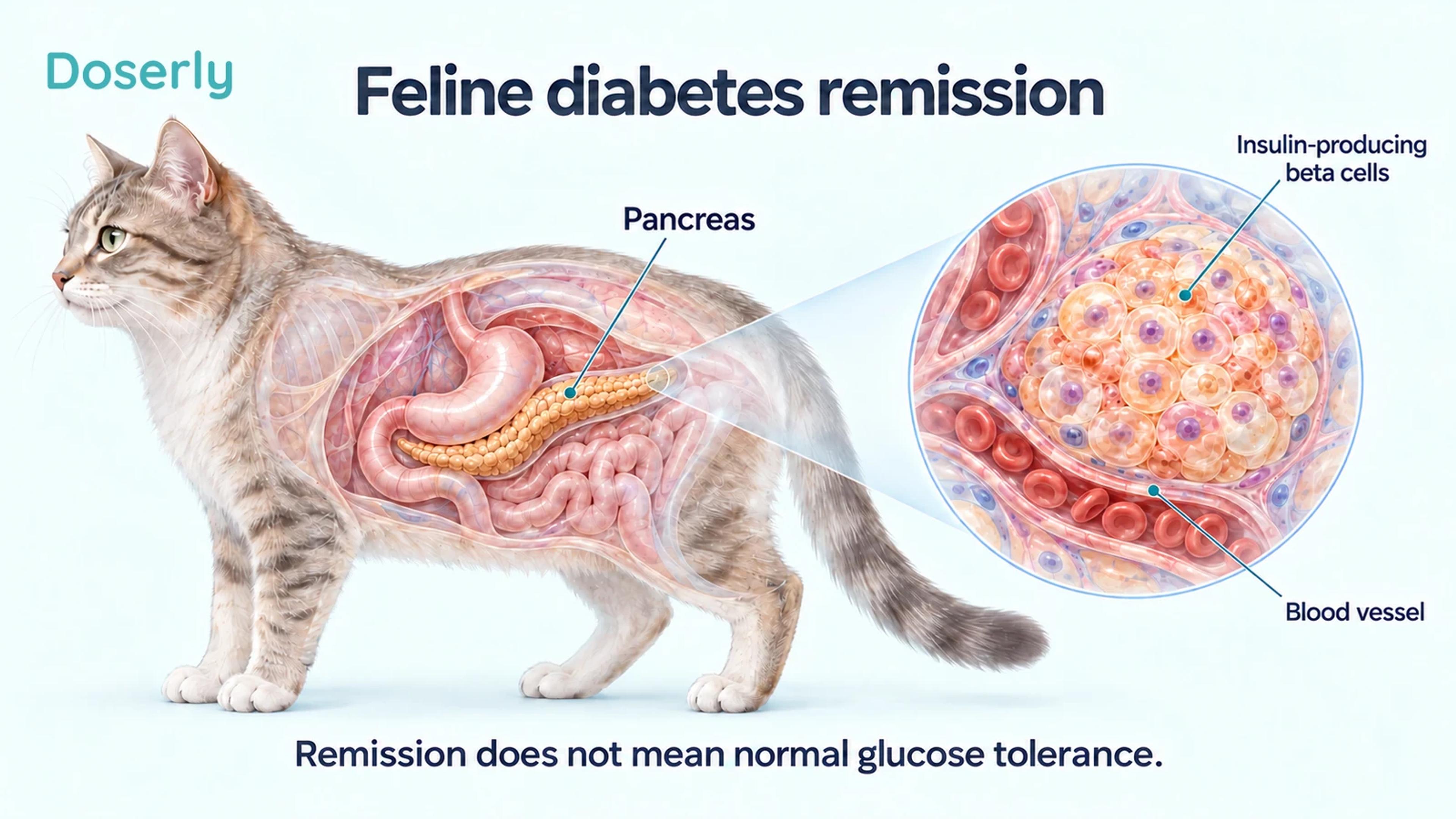 A translucent feline abdominal illustration with a magnified pancreatic islet and its insulin-producing beta cells.