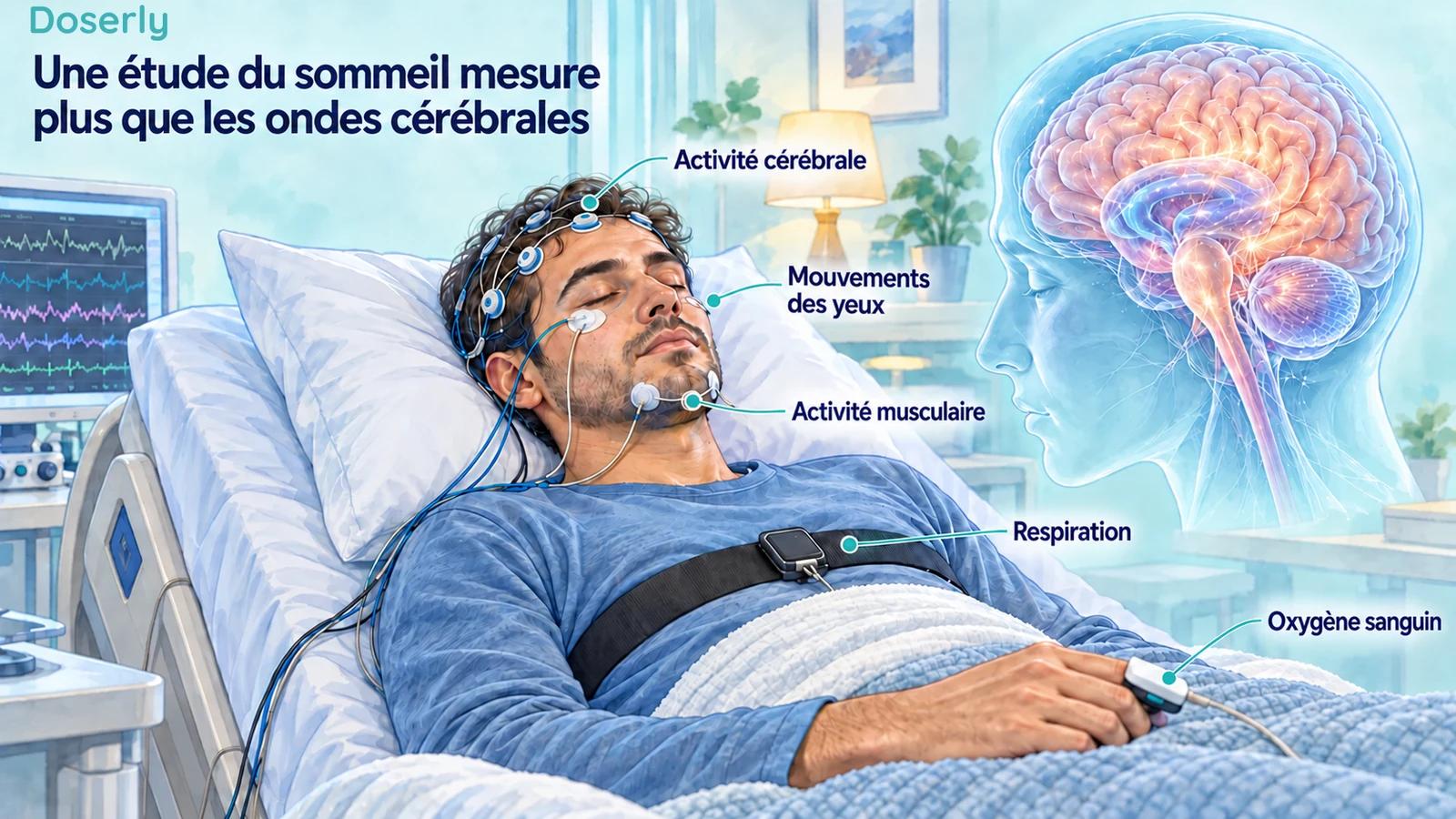 Un participant en laboratoire portant des électrodes sur le cuir chevelu, près des yeux et au menton, une ceinture respiratoire et un capteur d’oxygène au doigt.
