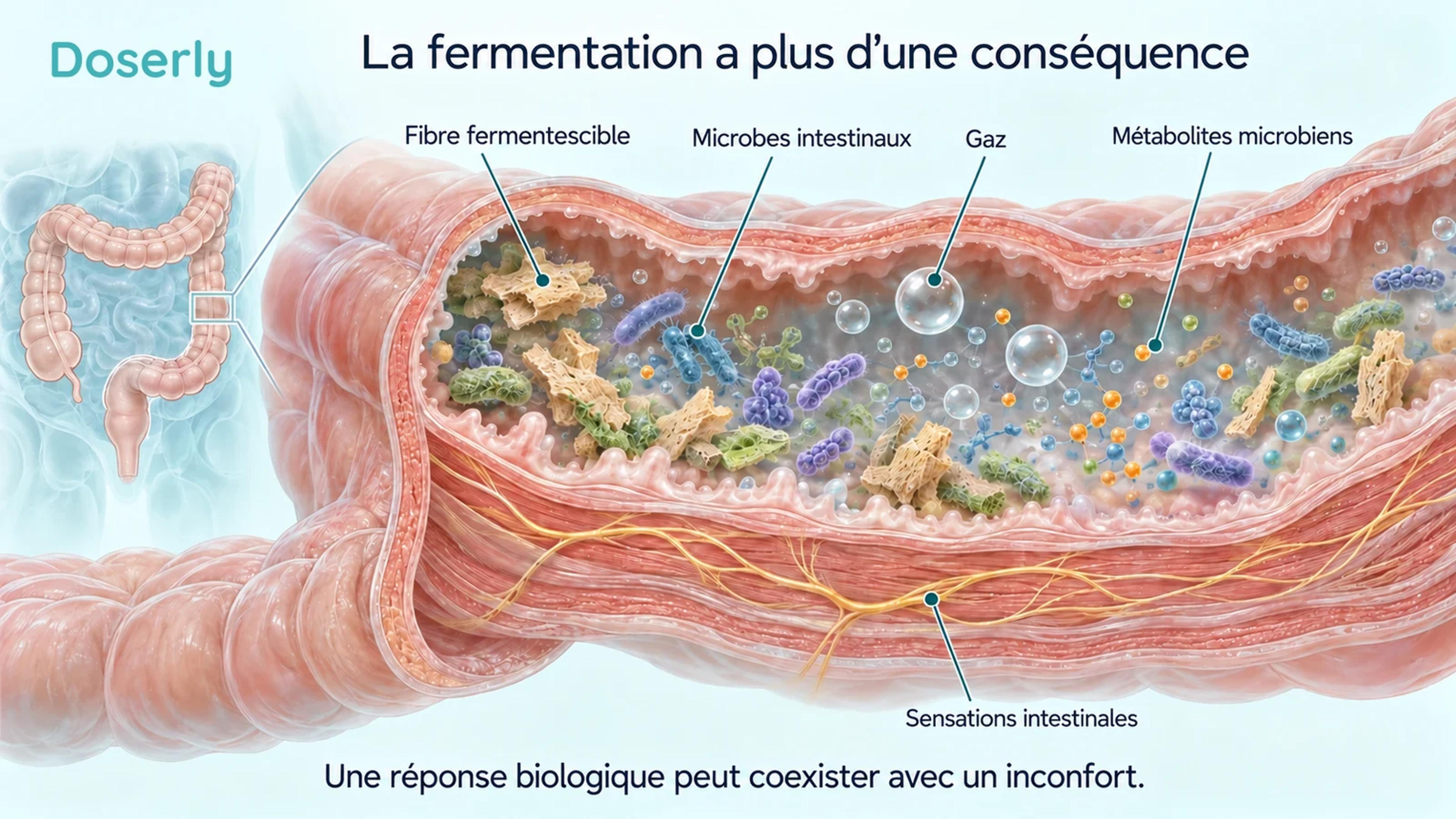 Un segment de côlon schématique montre de la matière fermentescible, des microorganismes, des gaz, des métabolites et les nerfs de la paroi intestinale.