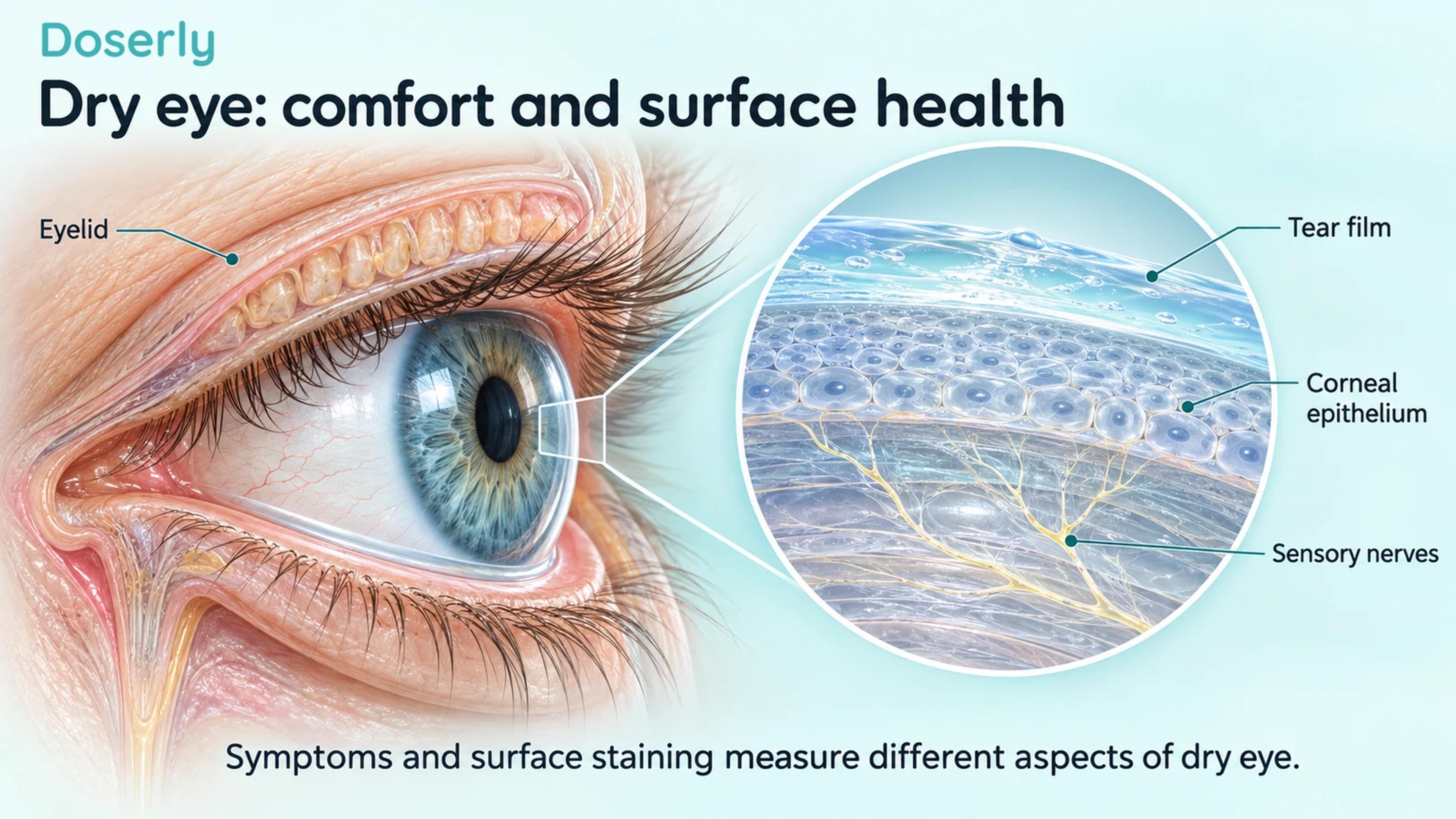 Detailed eye anatomy with magnified tear film, corneal epithelial cells and sensory nerves.