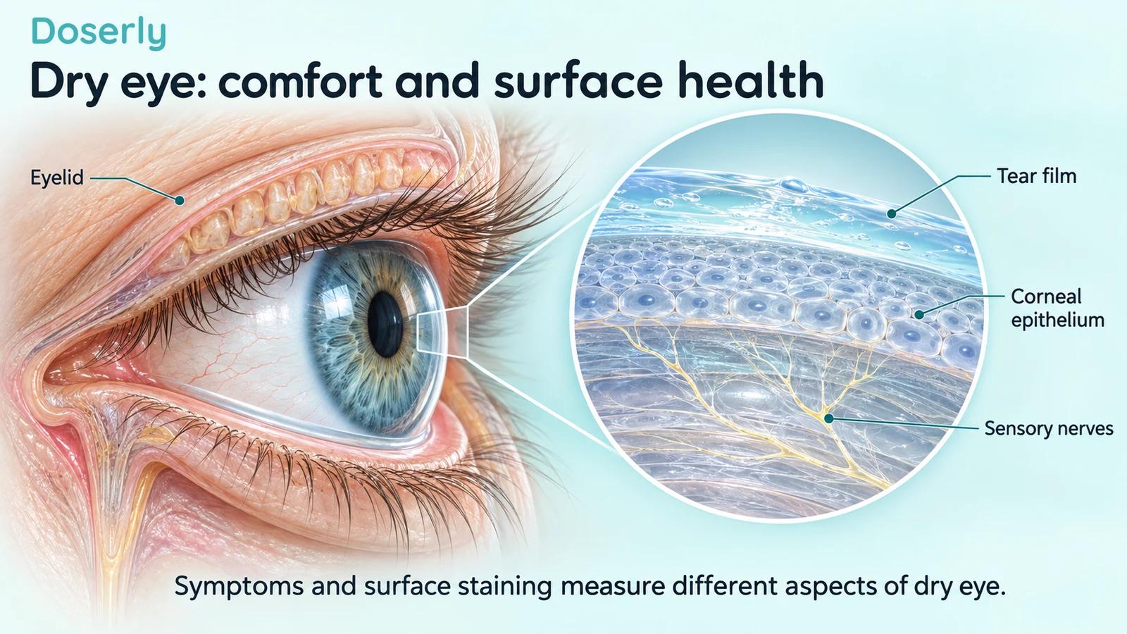 Detailed eye anatomy with magnified tear film, corneal epithelial cells and sensory nerves.