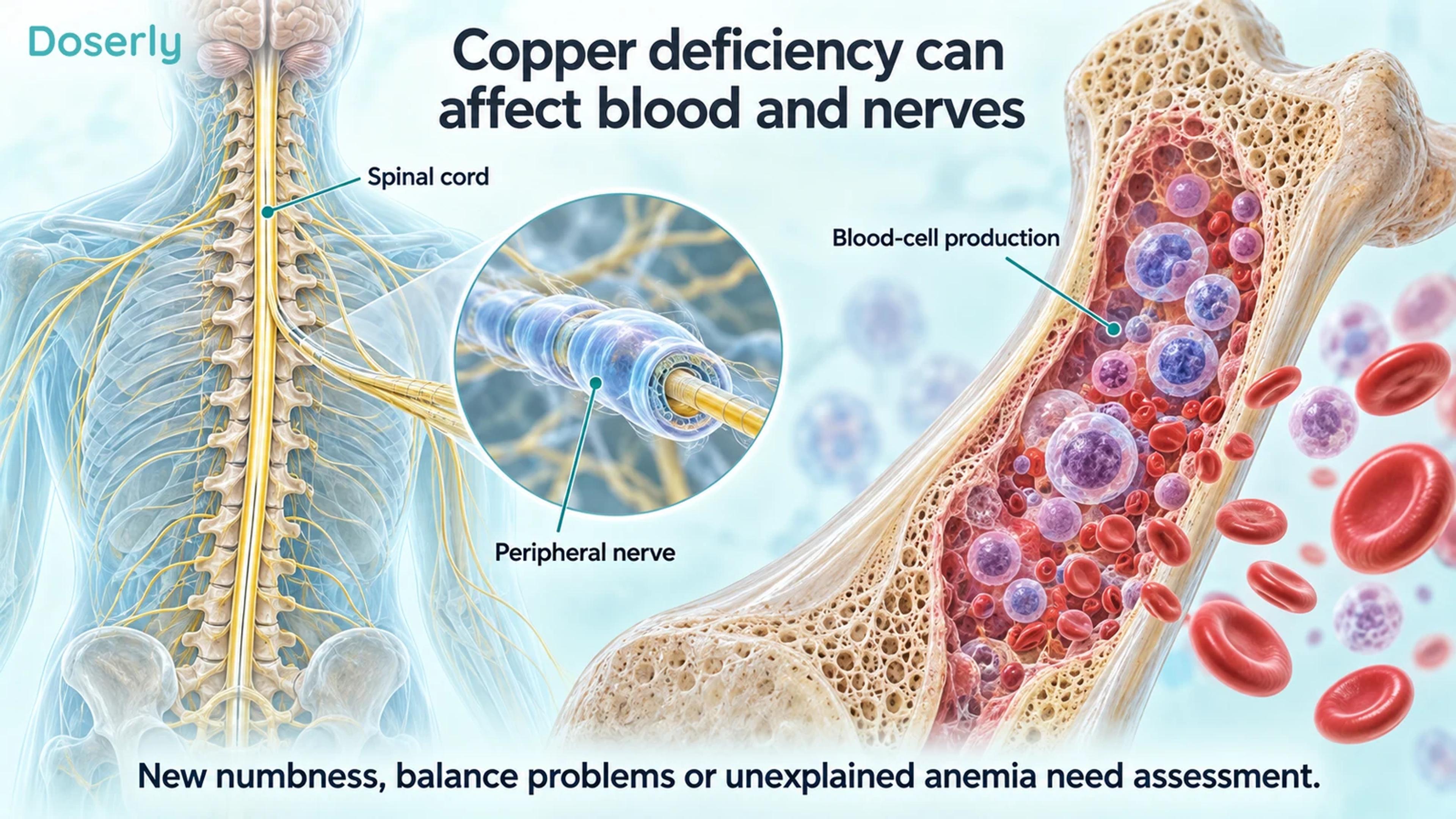 Spinal cord, peripheral nerve and bone marrow illustrating tissues affected by copper deficiency.