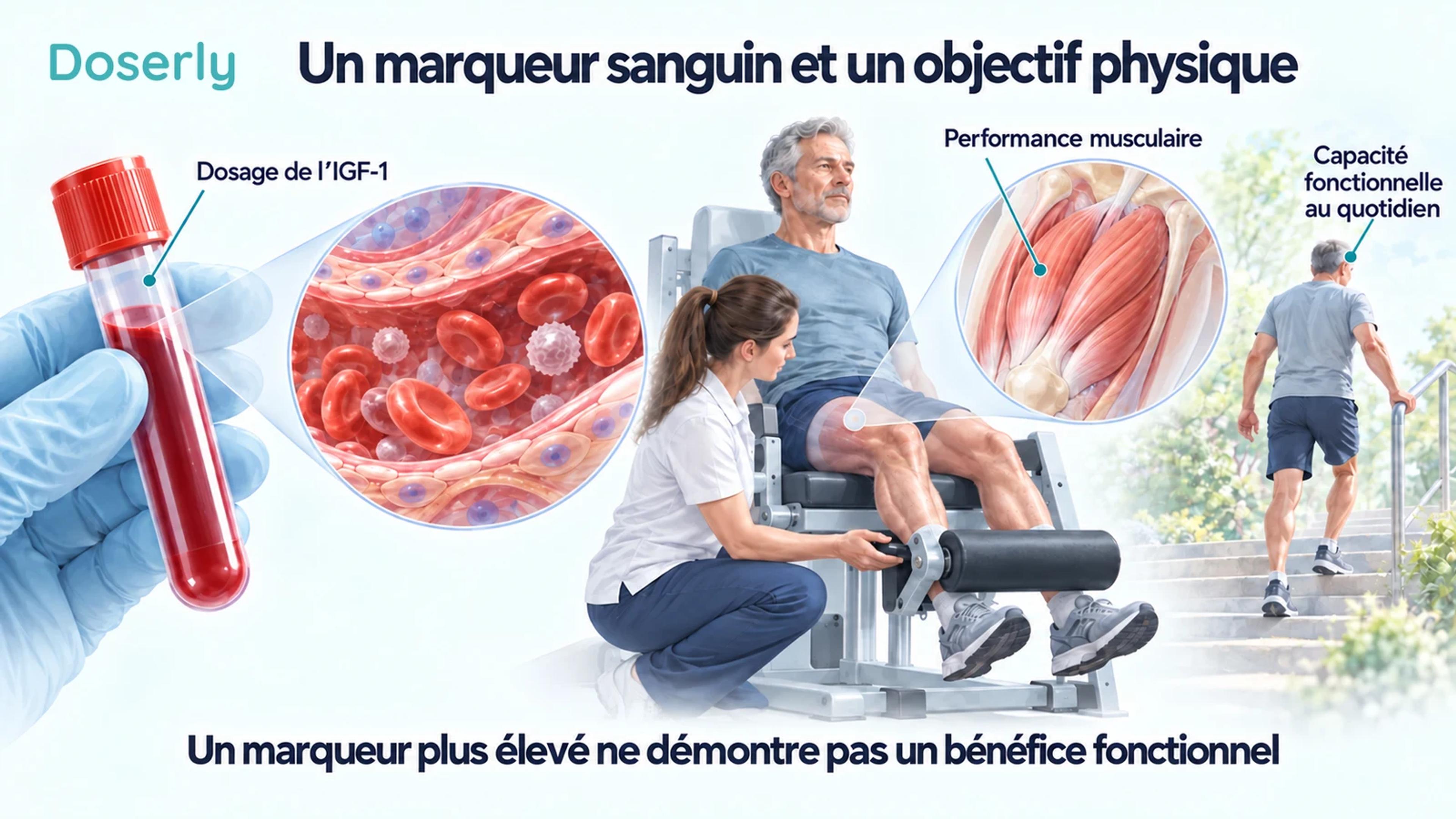 Échantillon de sang et médaillon montrant un vaisseau sanguin à côté d’un test supervisé de la force des jambes et d’une personne dans un escalier.