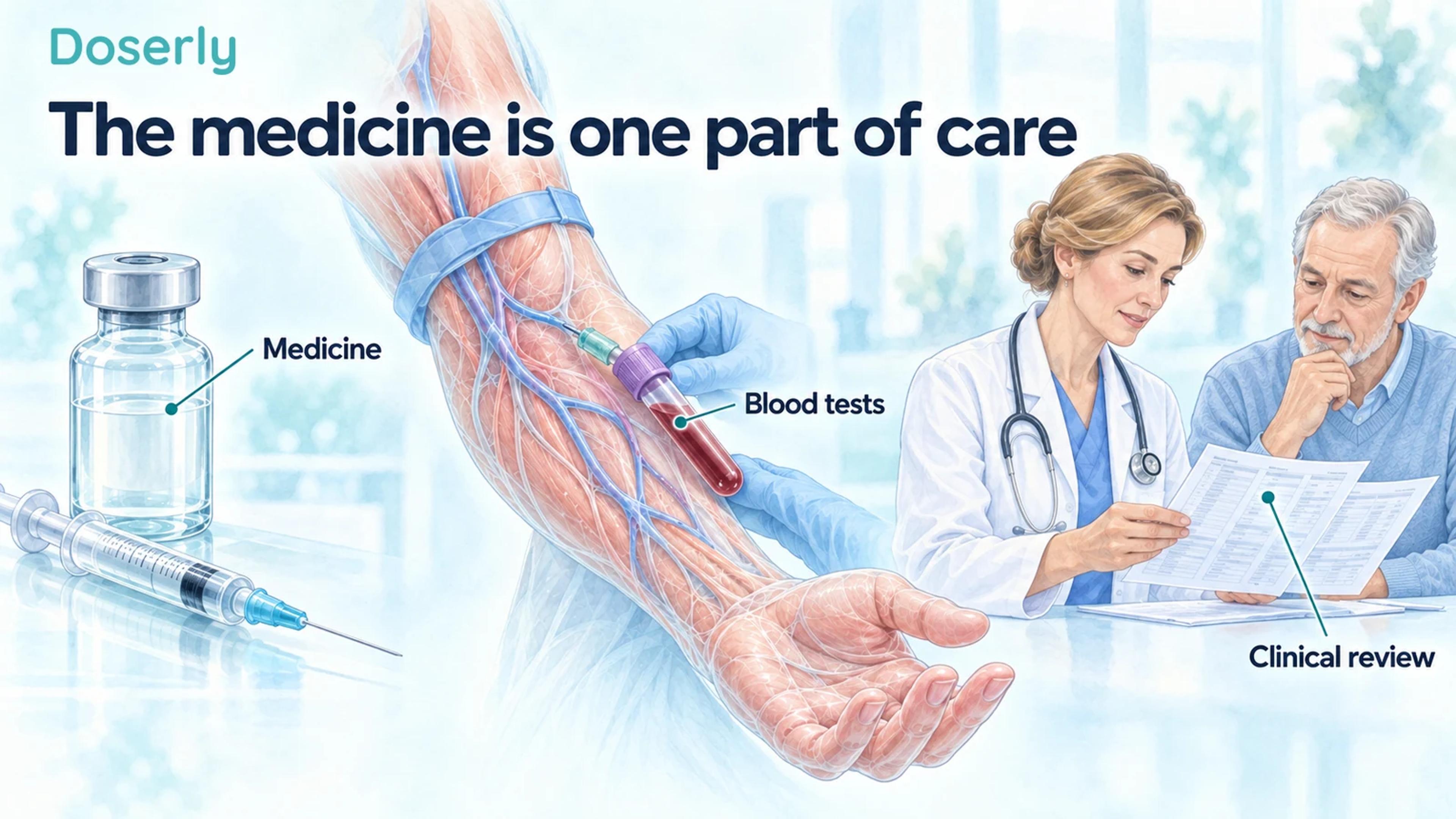Illustrated testosterone vial beside detailed blood sampling and a clinician reviewing an adult man's results, showing separate parts of ongoing care.