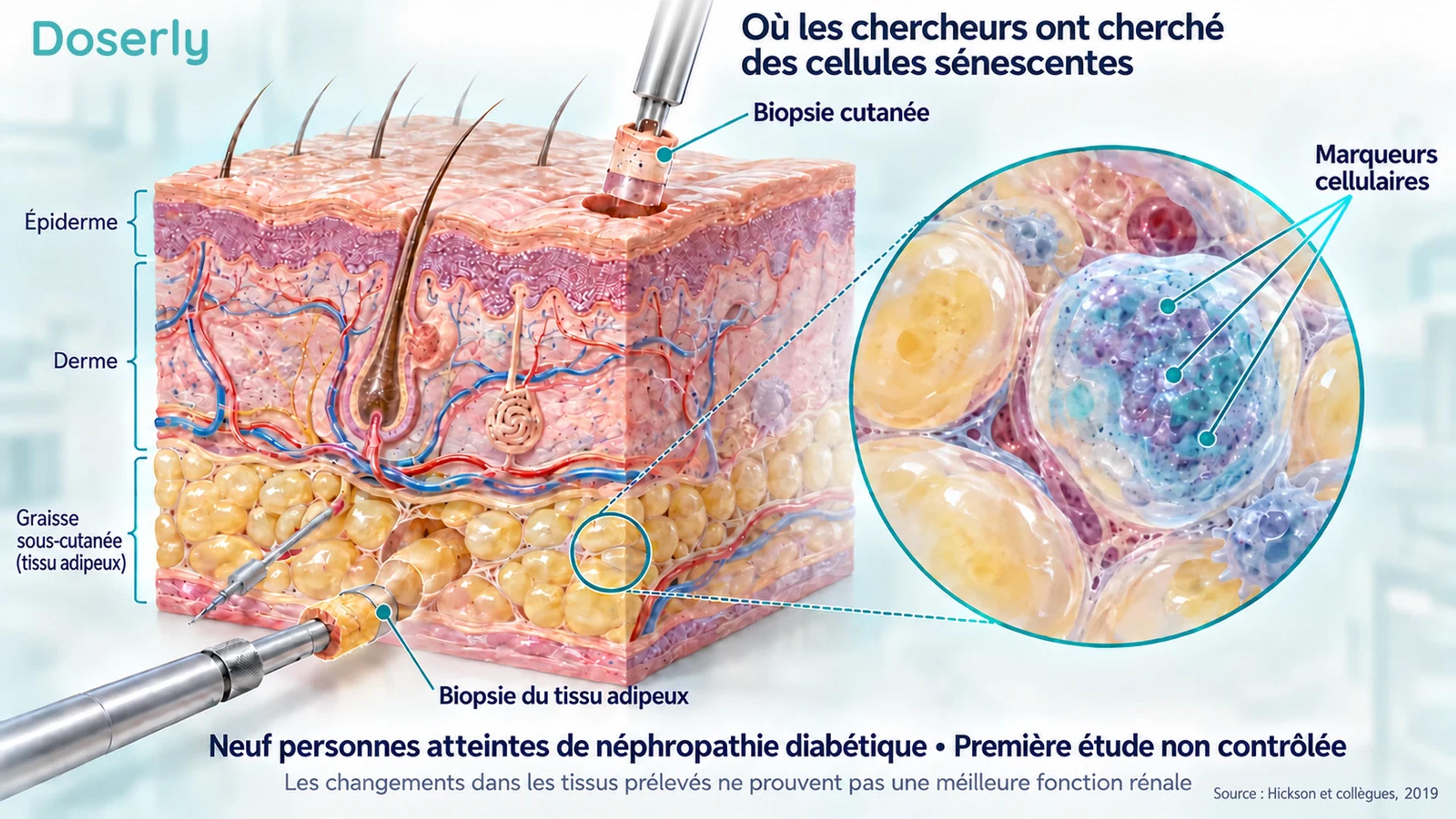 Anatomie de la peau et du tissu adipeux sous-cutané, avec des échantillons de biopsie conceptuels et une vue agrandie des cellules tissulaires.