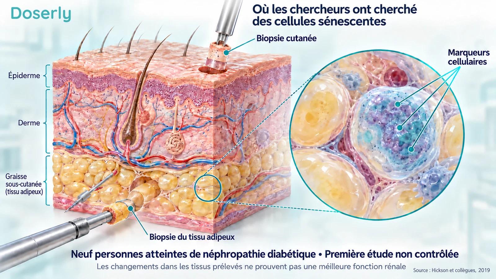 Anatomie de la peau et du tissu adipeux sous-cutané, avec des échantillons de biopsie conceptuels et une vue agrandie des cellules tissulaires.