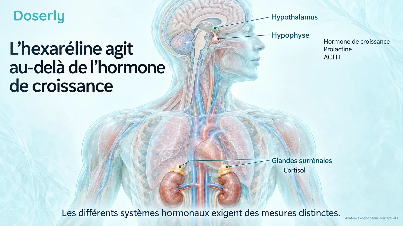 Une illustration anatomique translucide situe l’hypothalamus, l’hypophyse et les glandes surrénales aux côtés des hormones abordées.