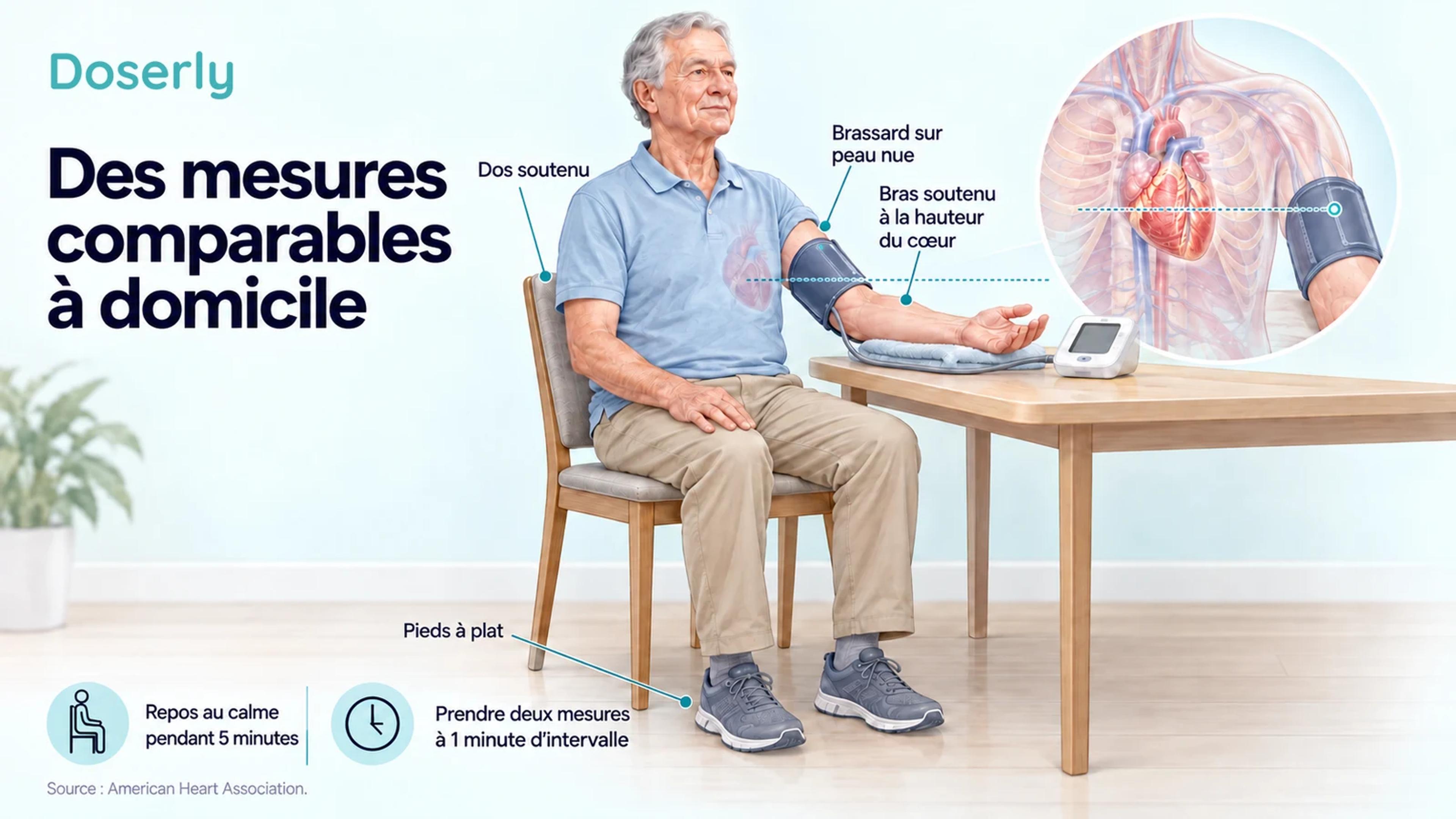 Une personne âgée assise, le dos soutenu, les pieds à plat et le brassard au bras à la hauteur du cœur, illustrant des mesures de pression artérielle comparables à domicile.