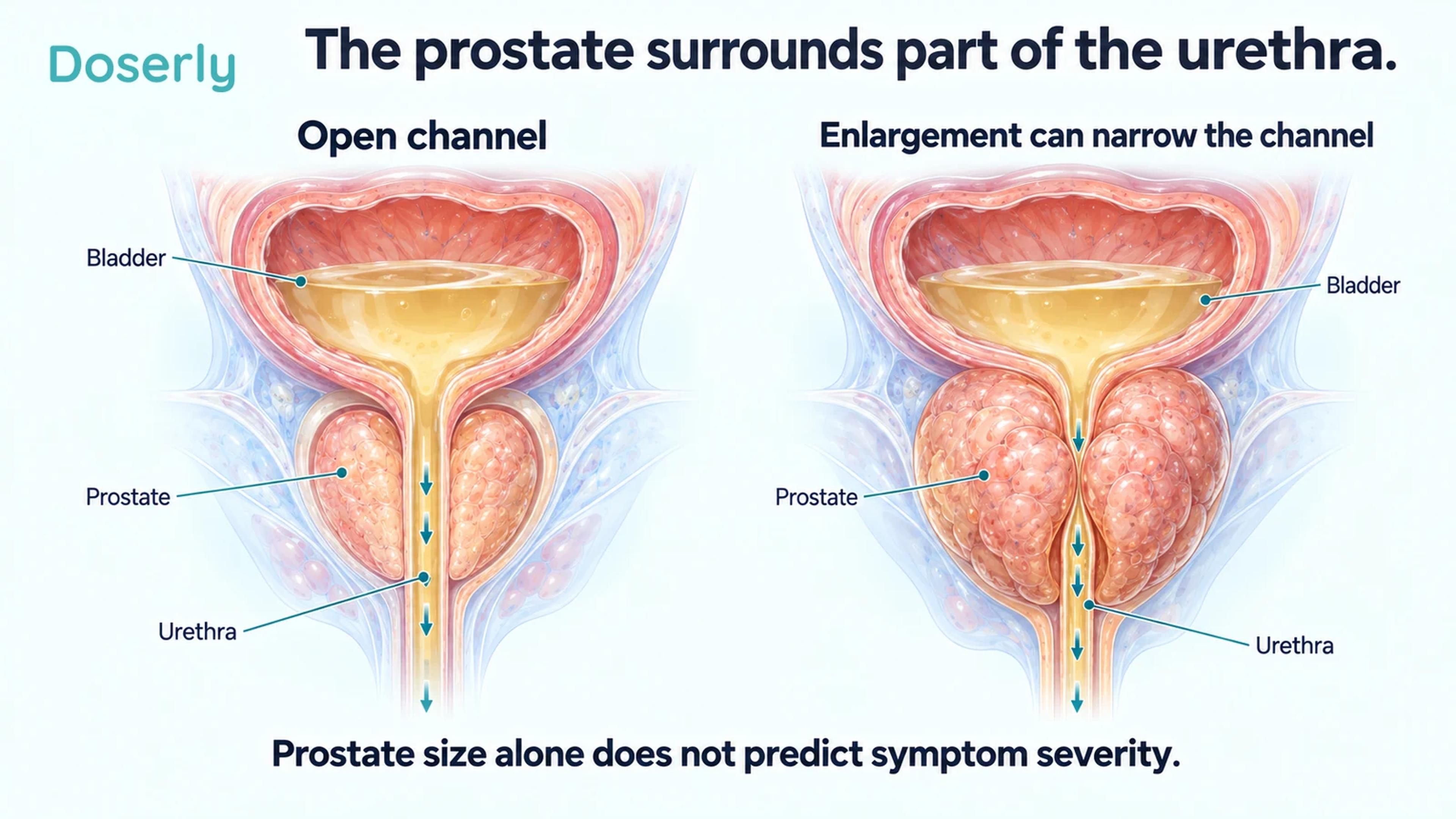 Two bladder and prostate cutaways show an open urethral channel and a channel narrowed by prostate enlargement.