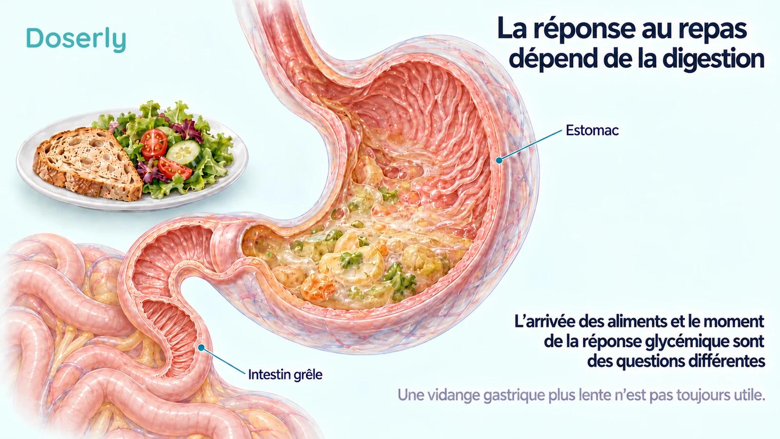 Vue en coupe de l’estomac et de l’intestin grêle qui y est relié, à côté d’un repas, pour expliquer l’arrivée des aliments et le moment des réponses glycémiques