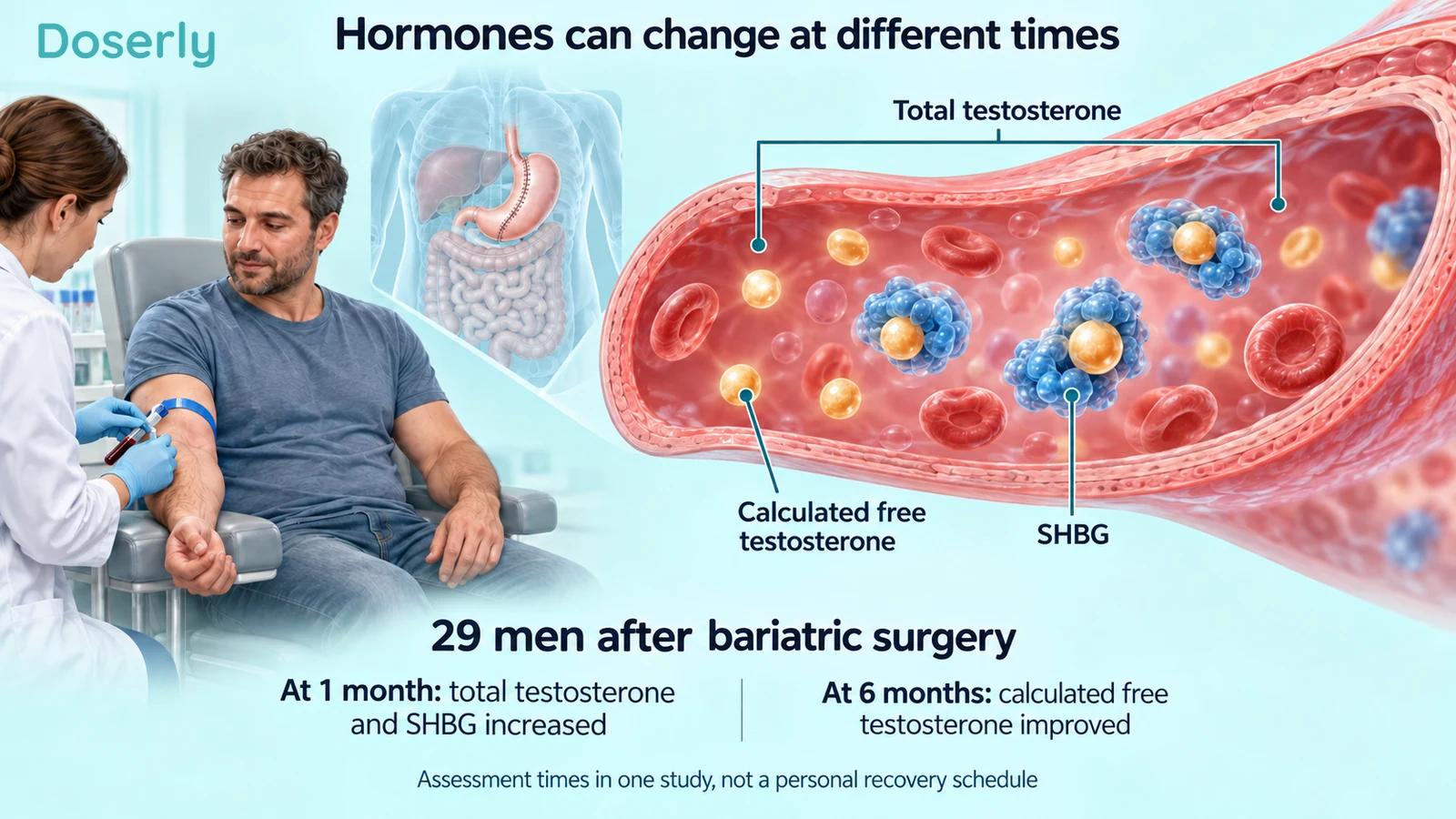A clinical blood-sampling scene and detailed blood-protein inset explain that total testosterone and SHBG may change before calculated free testosterone after bariatric surgery.