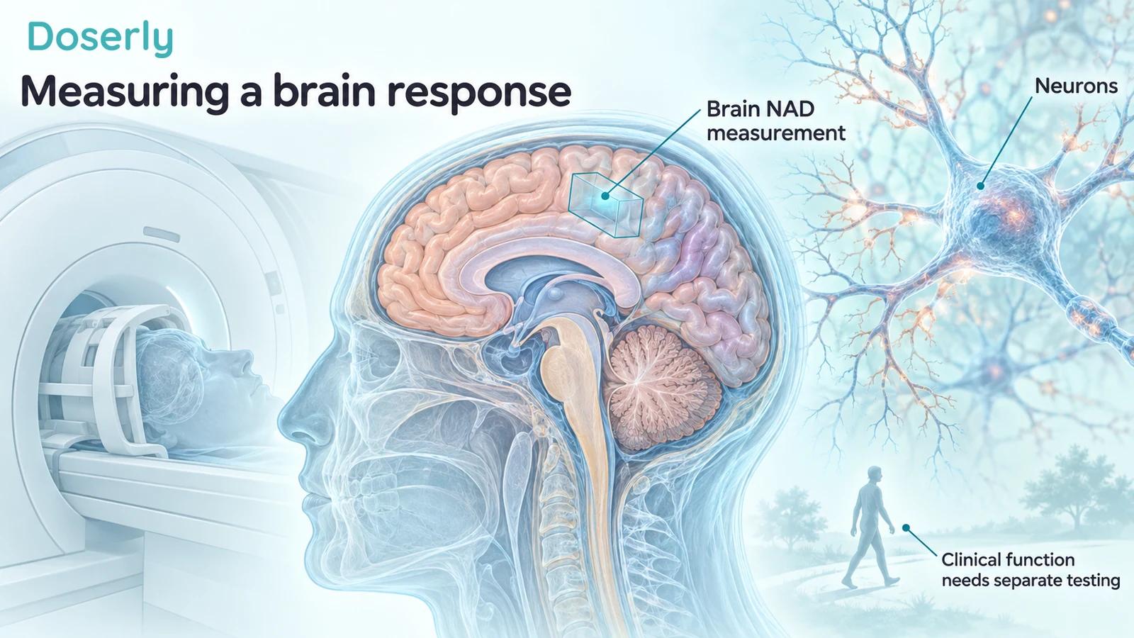 Cutaway human brain, spectroscopy region and neuron illustrating measurement of brain NAD separately from clinical function.
