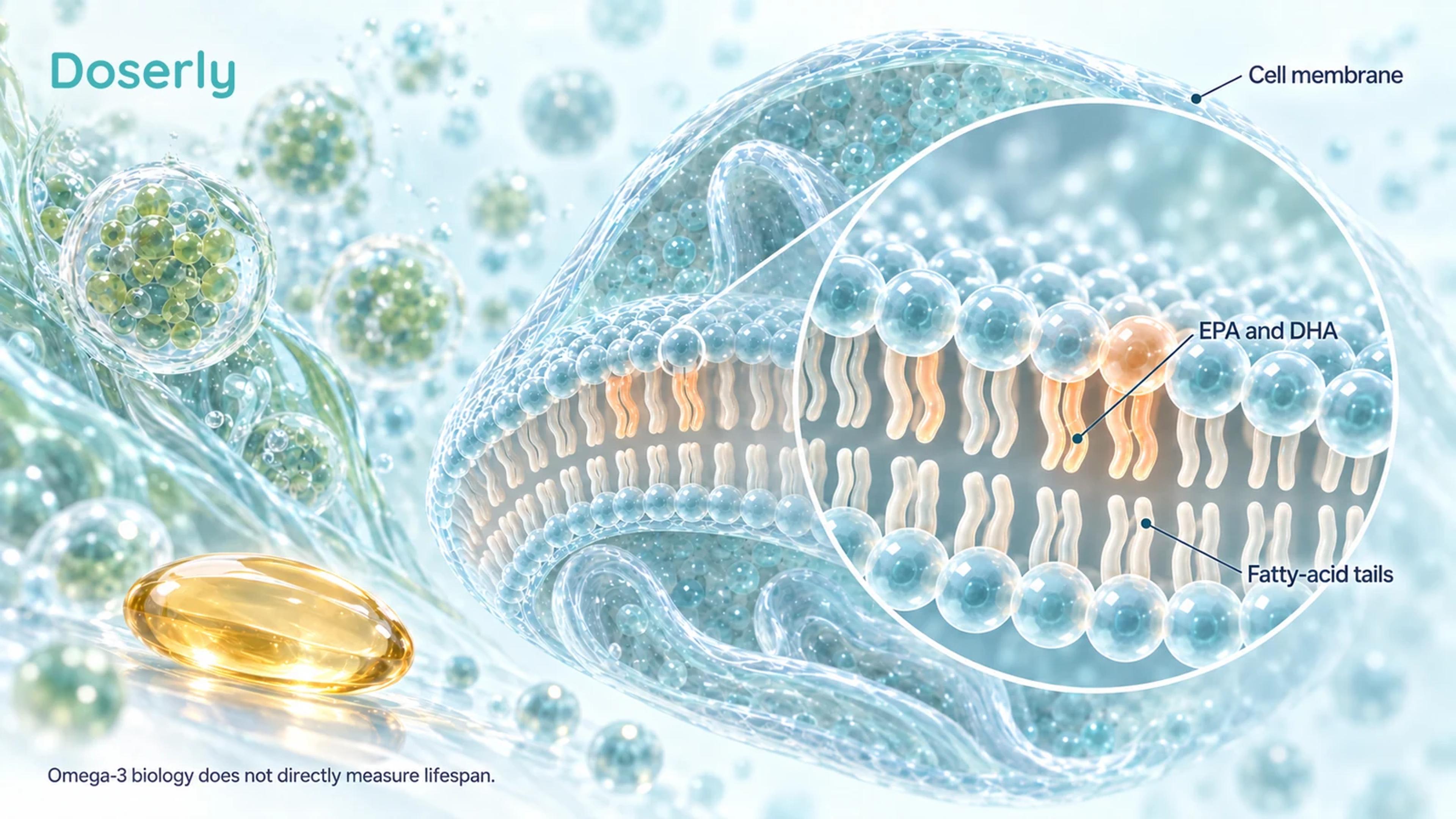 Marine microalgae, an oil capsule and a magnified membrane illustrate EPA and DHA as fatty-acid components of cell membranes.