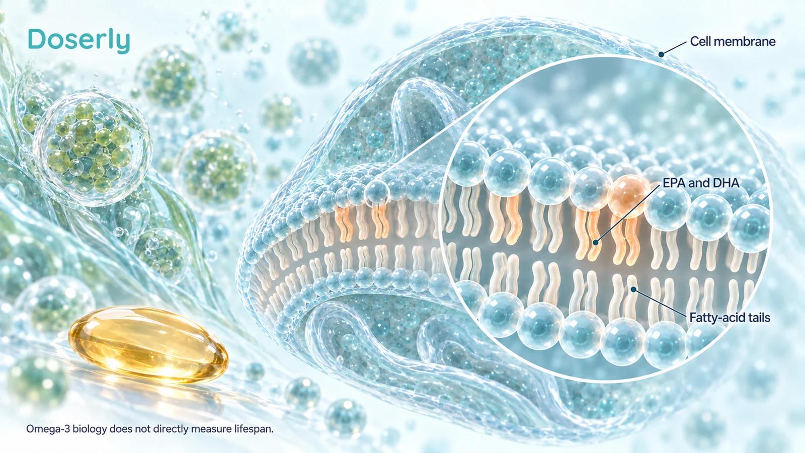 Marine microalgae, an oil capsule and a magnified membrane illustrate EPA and DHA as fatty-acid components of cell membranes.