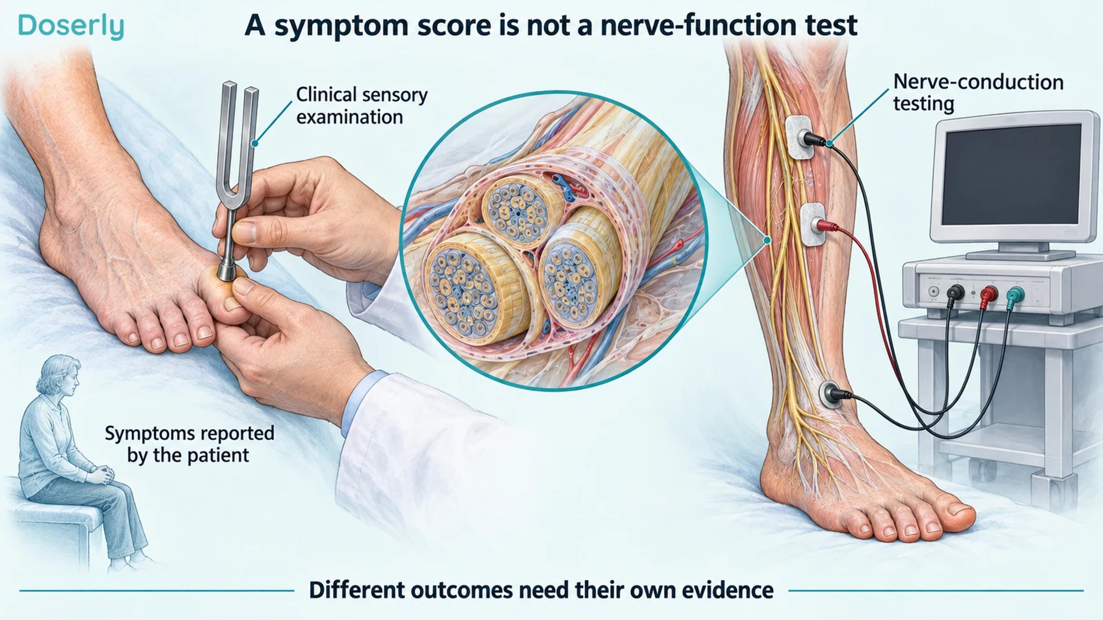 An illustrated sensory examination, nerve bundle and nerve-conduction equipment show different ways neuropathy can be assessed.
