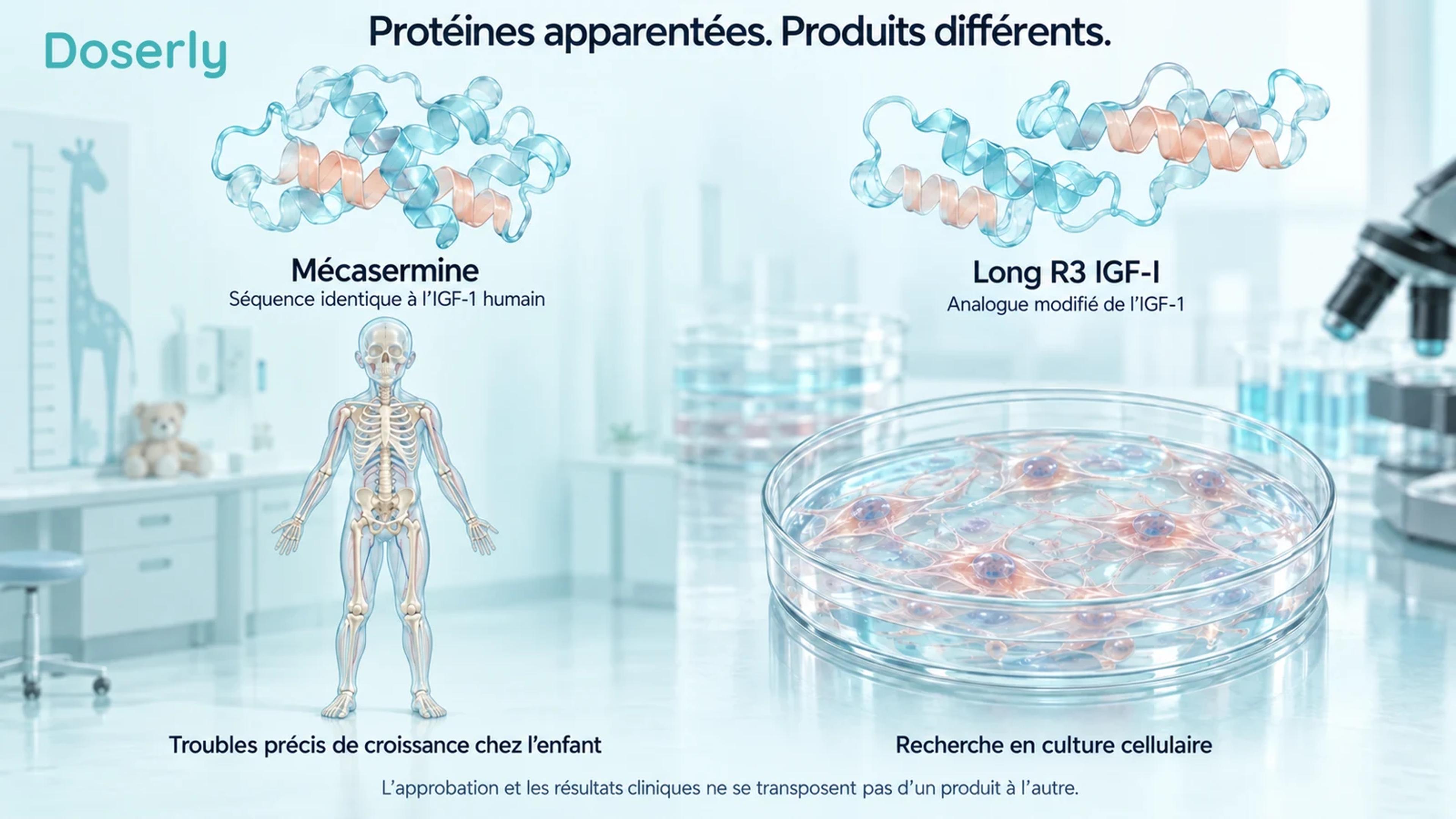 Représentations conceptuelles en rubans de protéines IGF à côté de l’anatomie du squelette d’un enfant et de cellules en culture