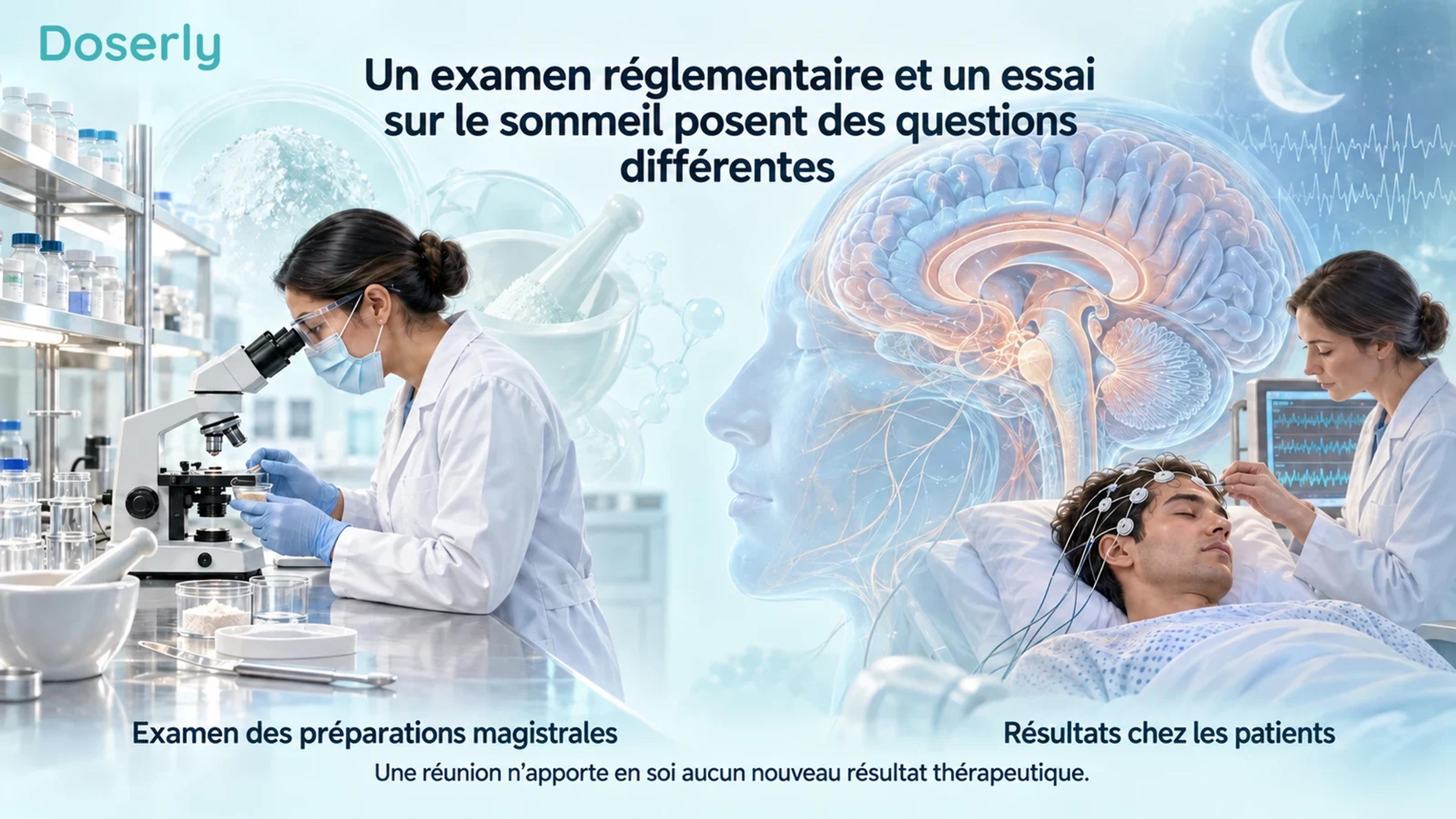Une scène de recherche en pharmacie et une personne participant à une étude sur le sommeil, dans des zones illustrées distinctes.